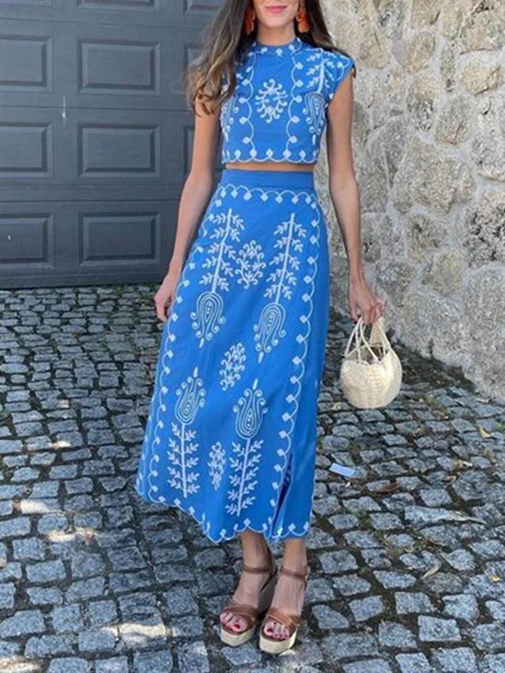 Etnik Desenli Crop ve Midi Etek Takım