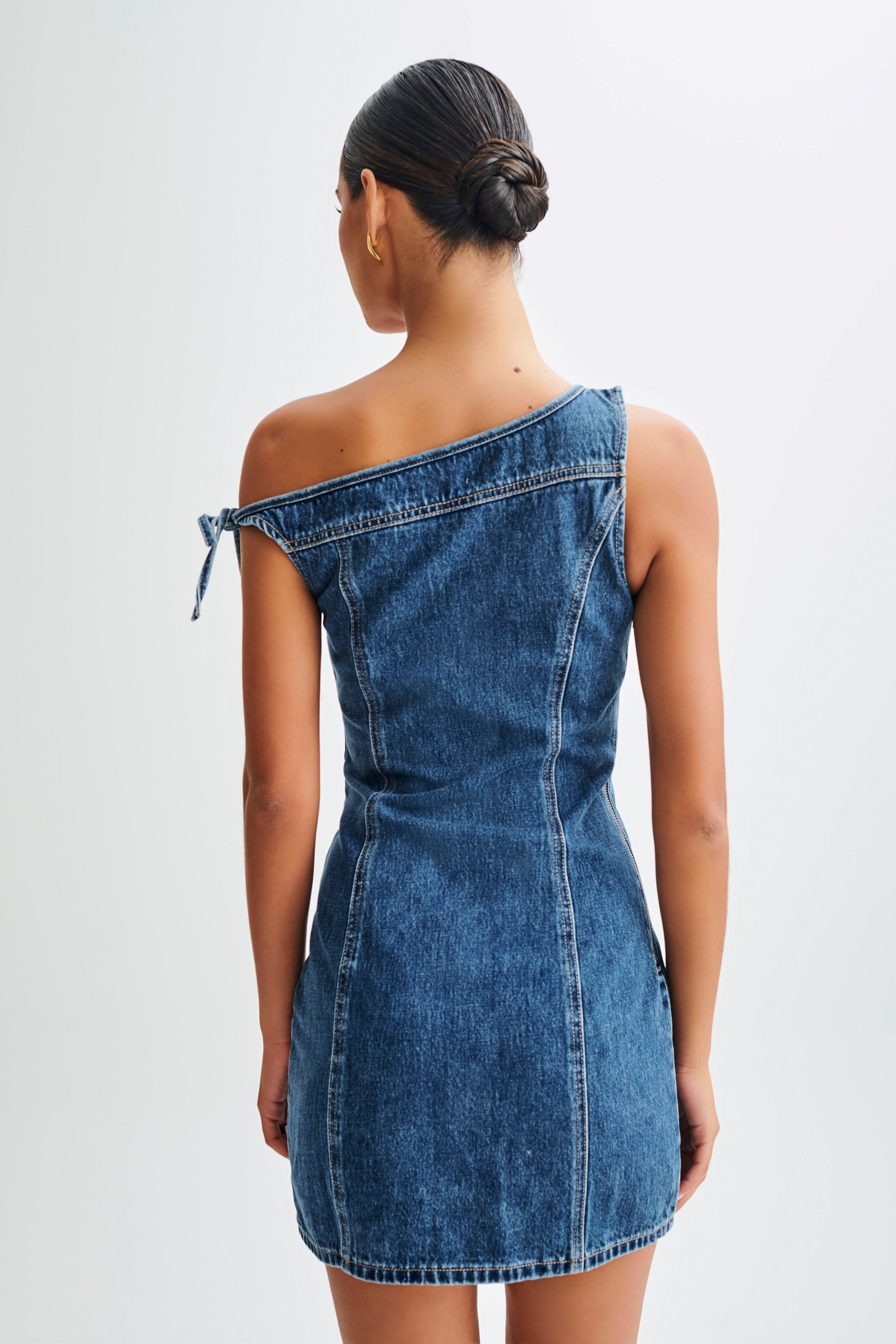 ROF Baker Düşük Omuz Denim Mini Elbise - Koyu Mavi