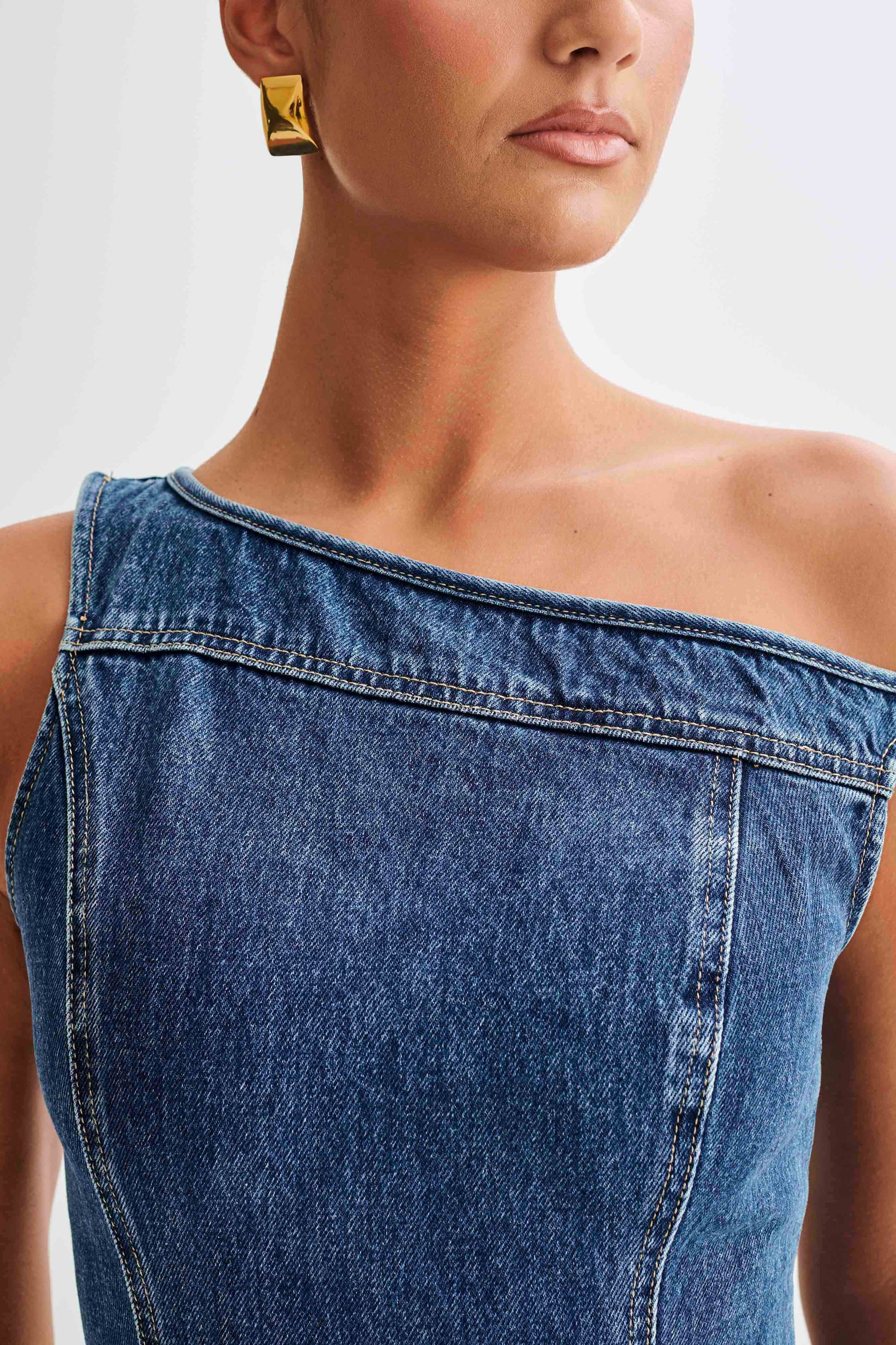 ROF Baker Düşük Omuz Denim Mini Elbise - Koyu Mavi