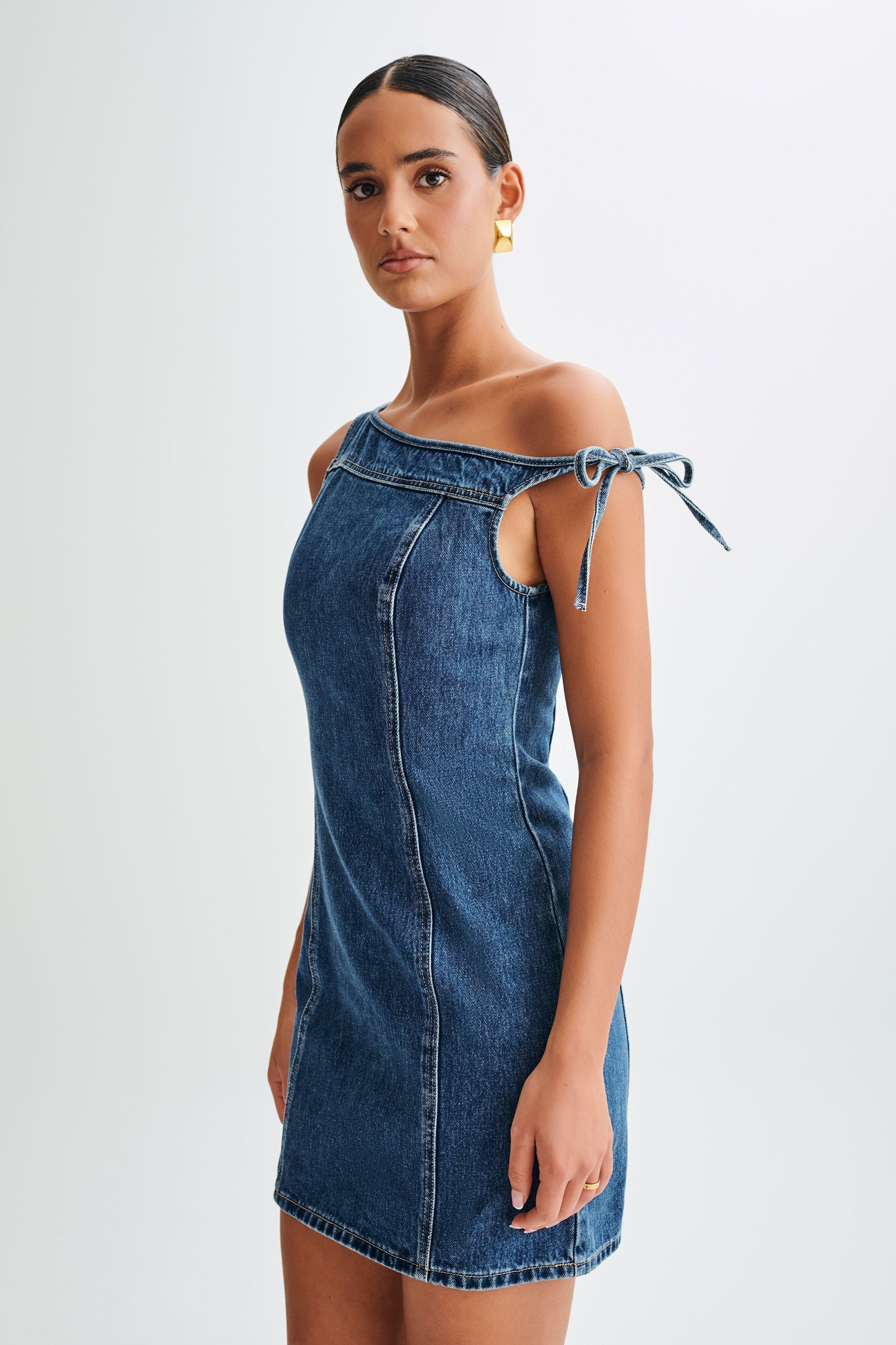 ROF Baker Düşük Omuz Denim Mini Elbise - Koyu Mavi