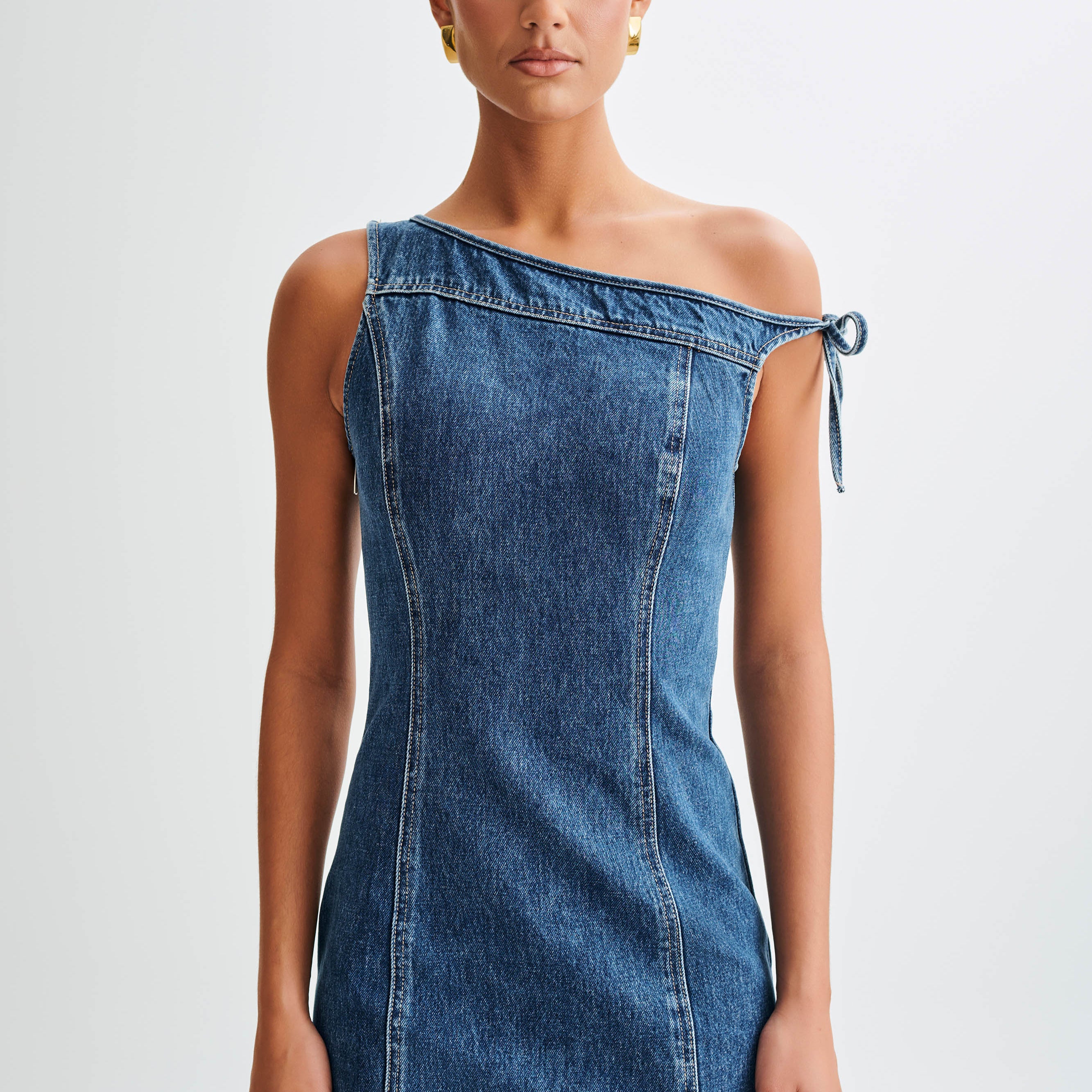 ROF Baker Düşük Omuz Denim Mini Elbise - Koyu Mavi