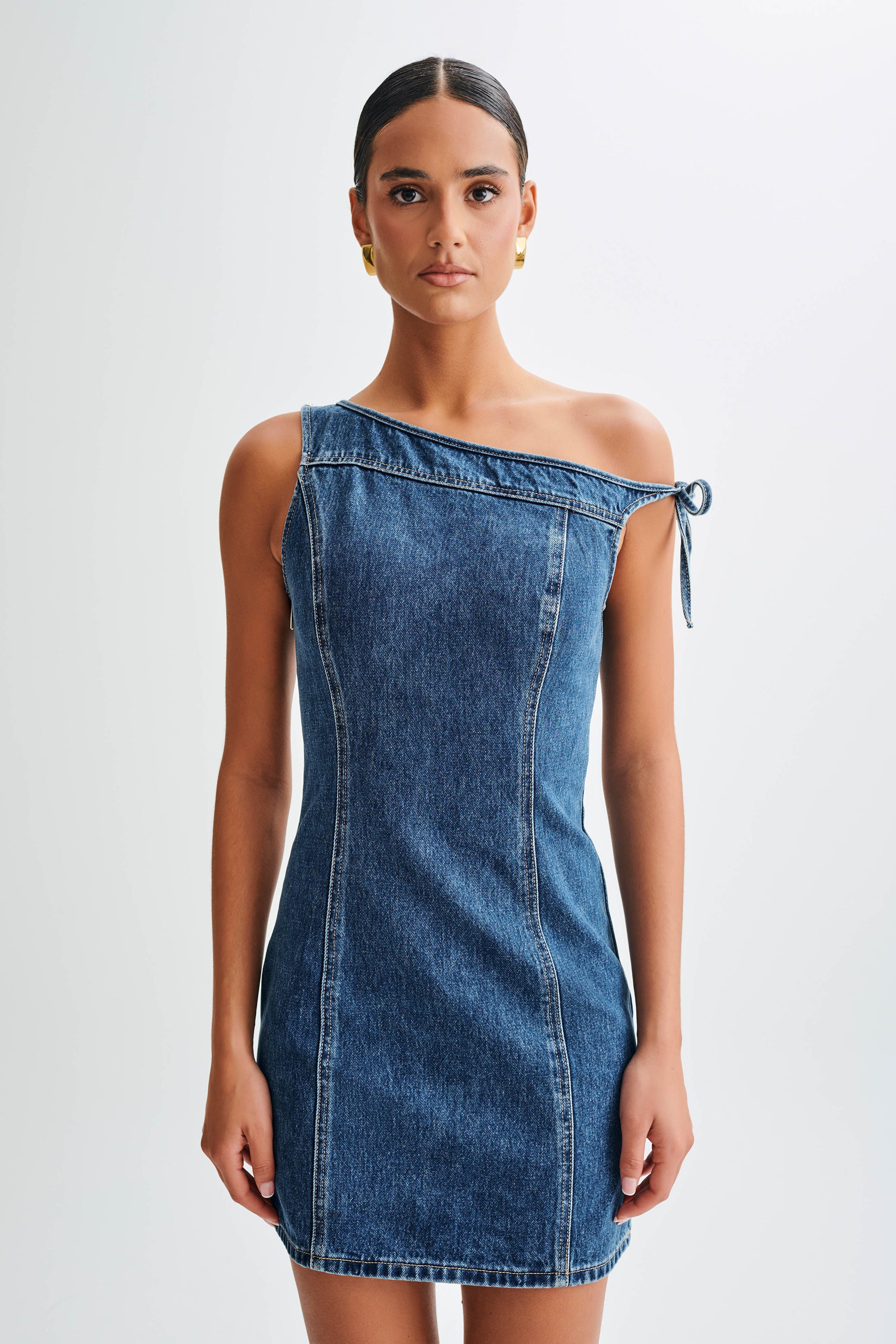 ROF Baker Düşük Omuz Denim Mini Elbise - Koyu Mavi