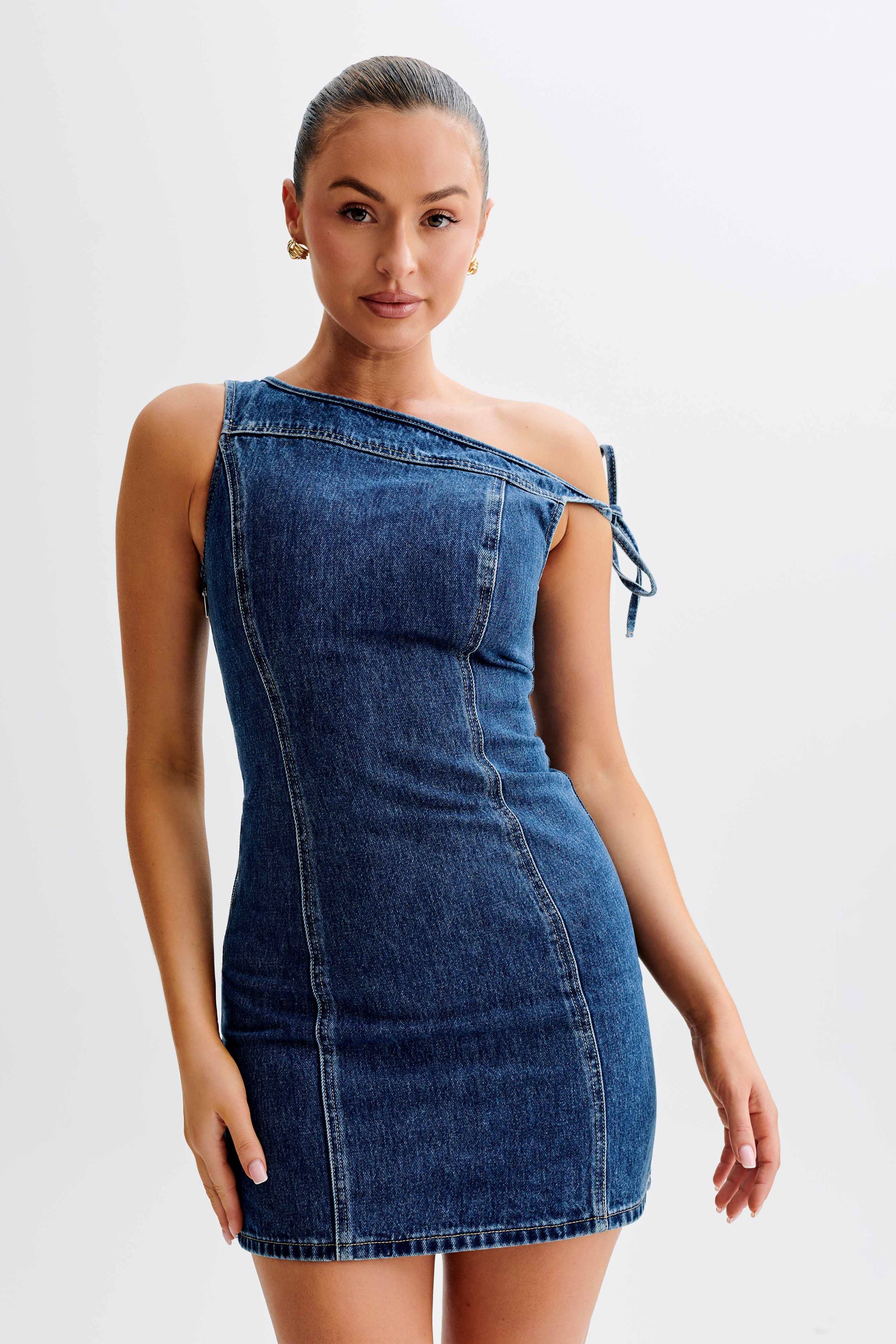 ROF Baker Düşük Omuz Denim Mini Elbise - Koyu Mavi