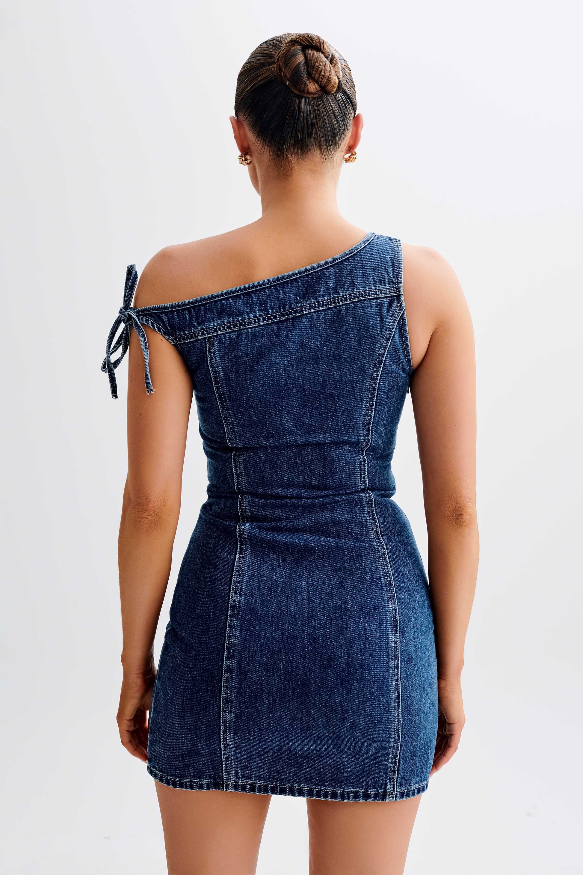 ROF Baker Düşük Omuz Denim Mini Elbise - Koyu Mavi
