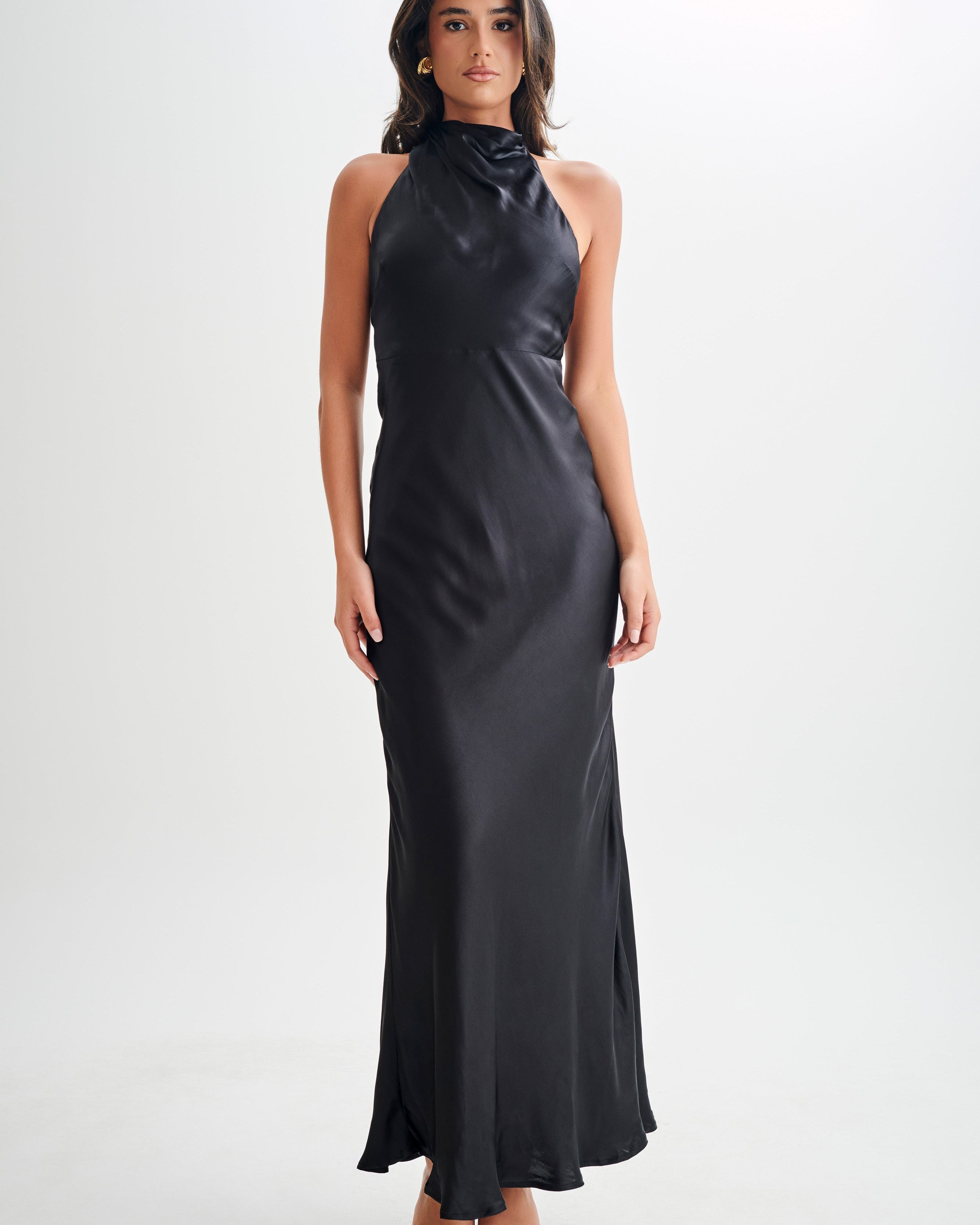 ROF Esther Yanardöner Saten Cowl Maxi Elbise - Siyah