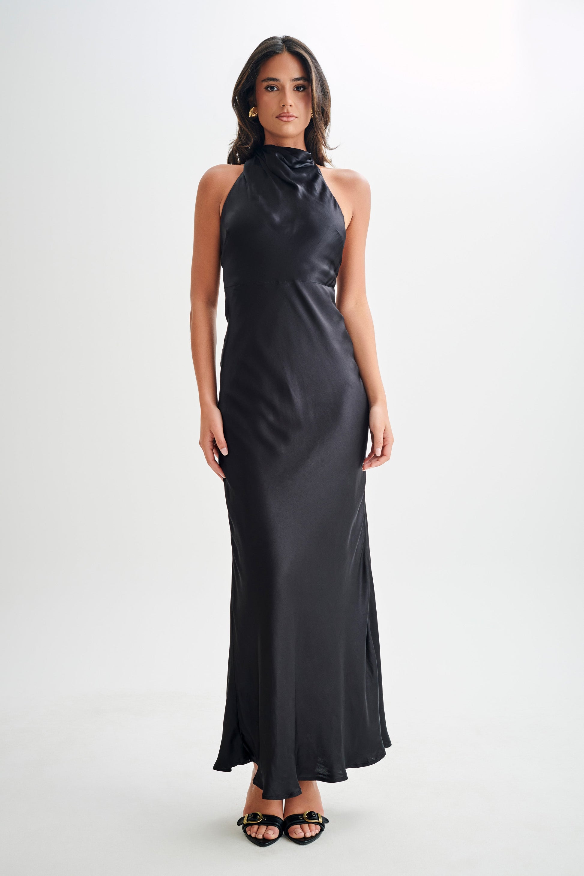 ROF Esther Yanardöner Saten Cowl Maxi Elbise - Siyah
