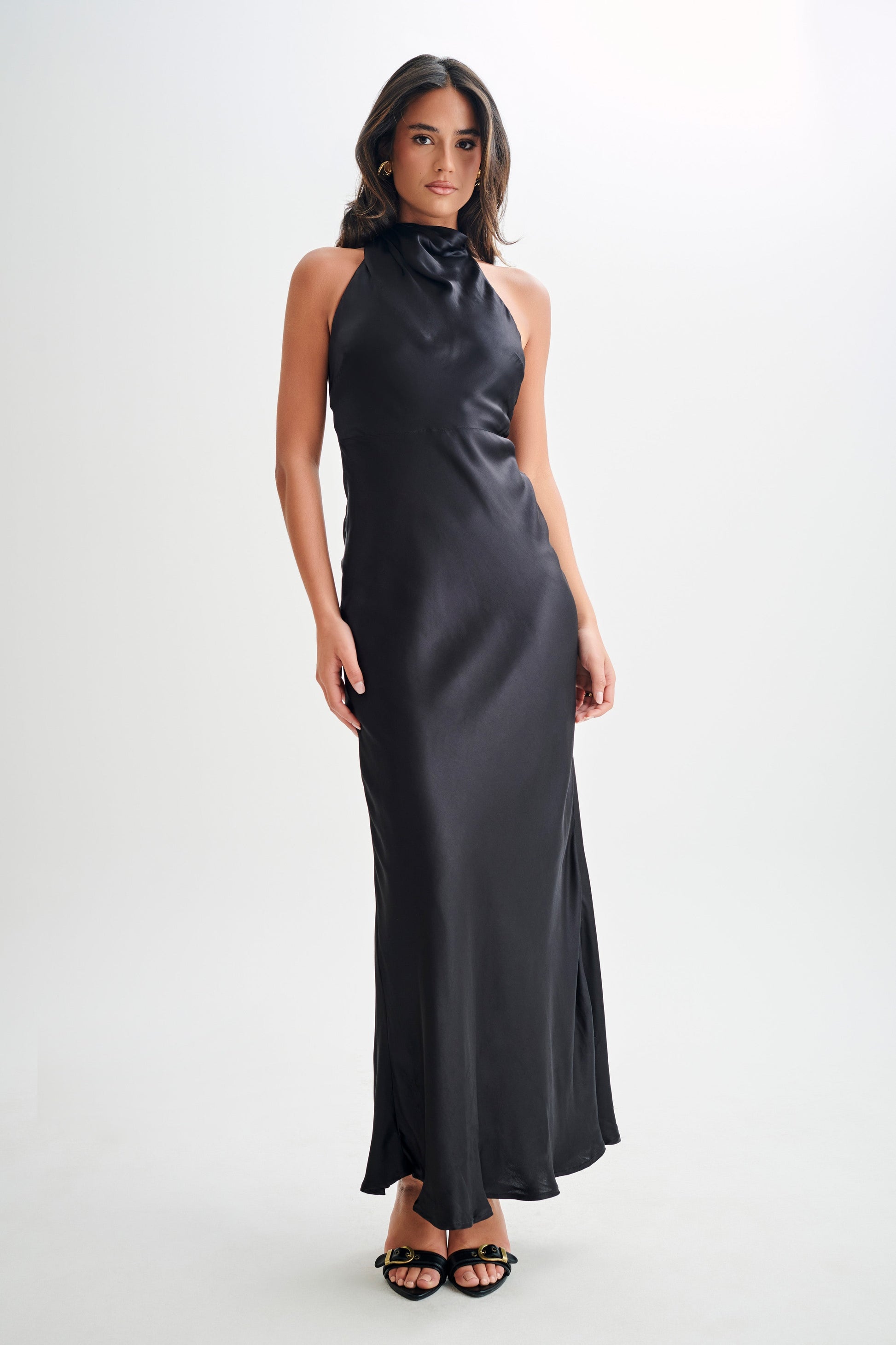 ROF Esther Yanardöner Saten Cowl Maxi Elbise - Siyah