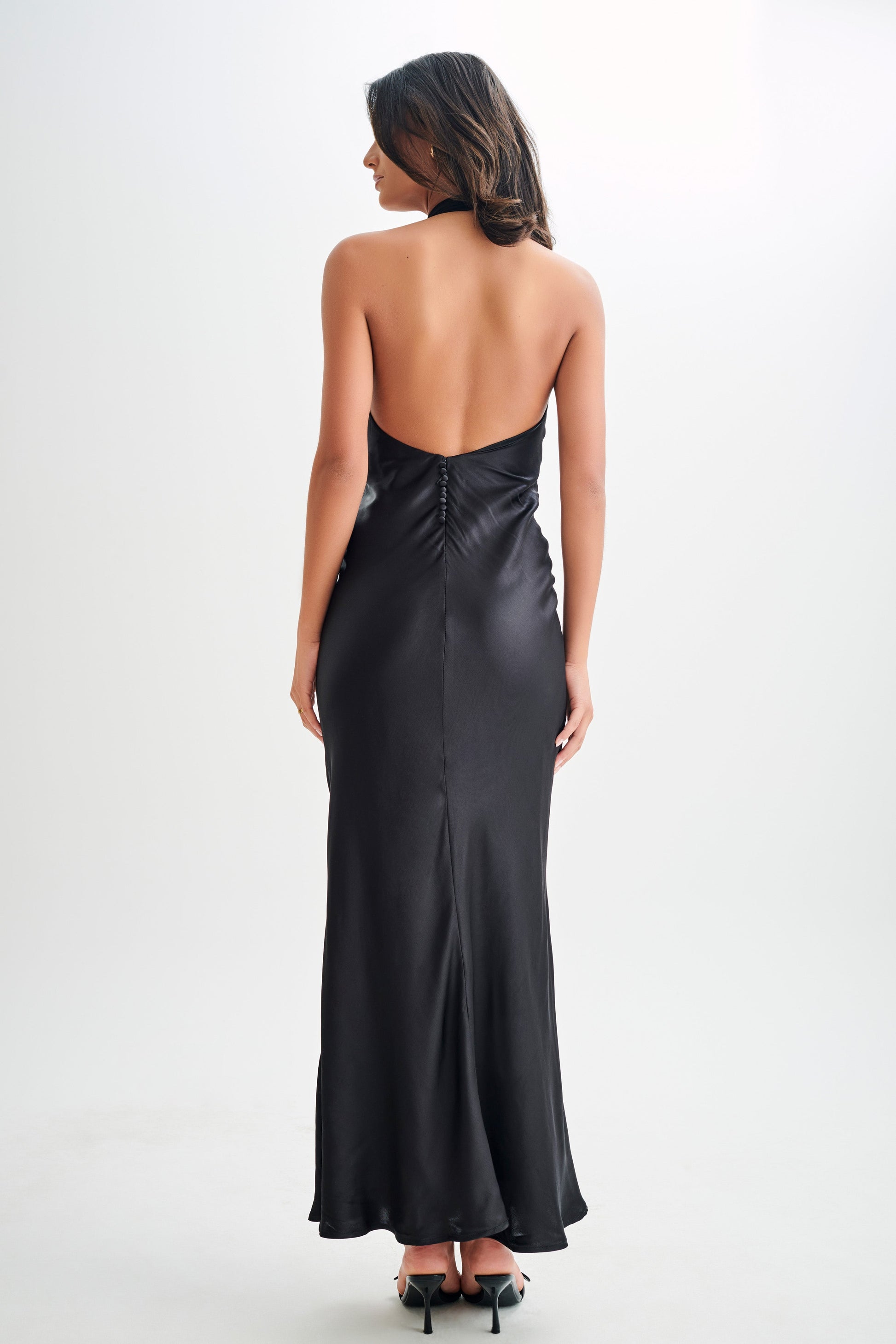 ROF Esther Yanardöner Saten Cowl Maxi Elbise - Siyah