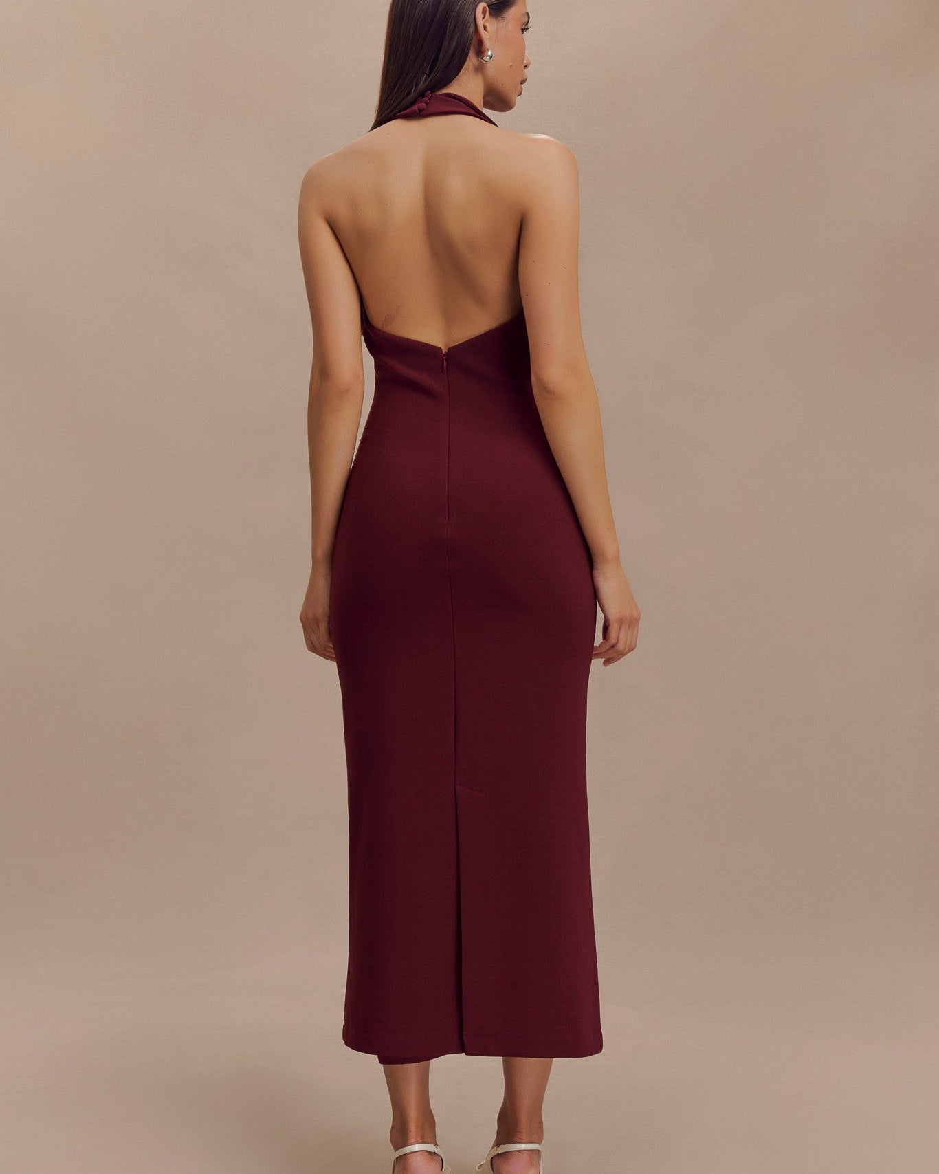 ROF Annita Krep Boyundan Bağlamalı Midi Elbise - Merlot