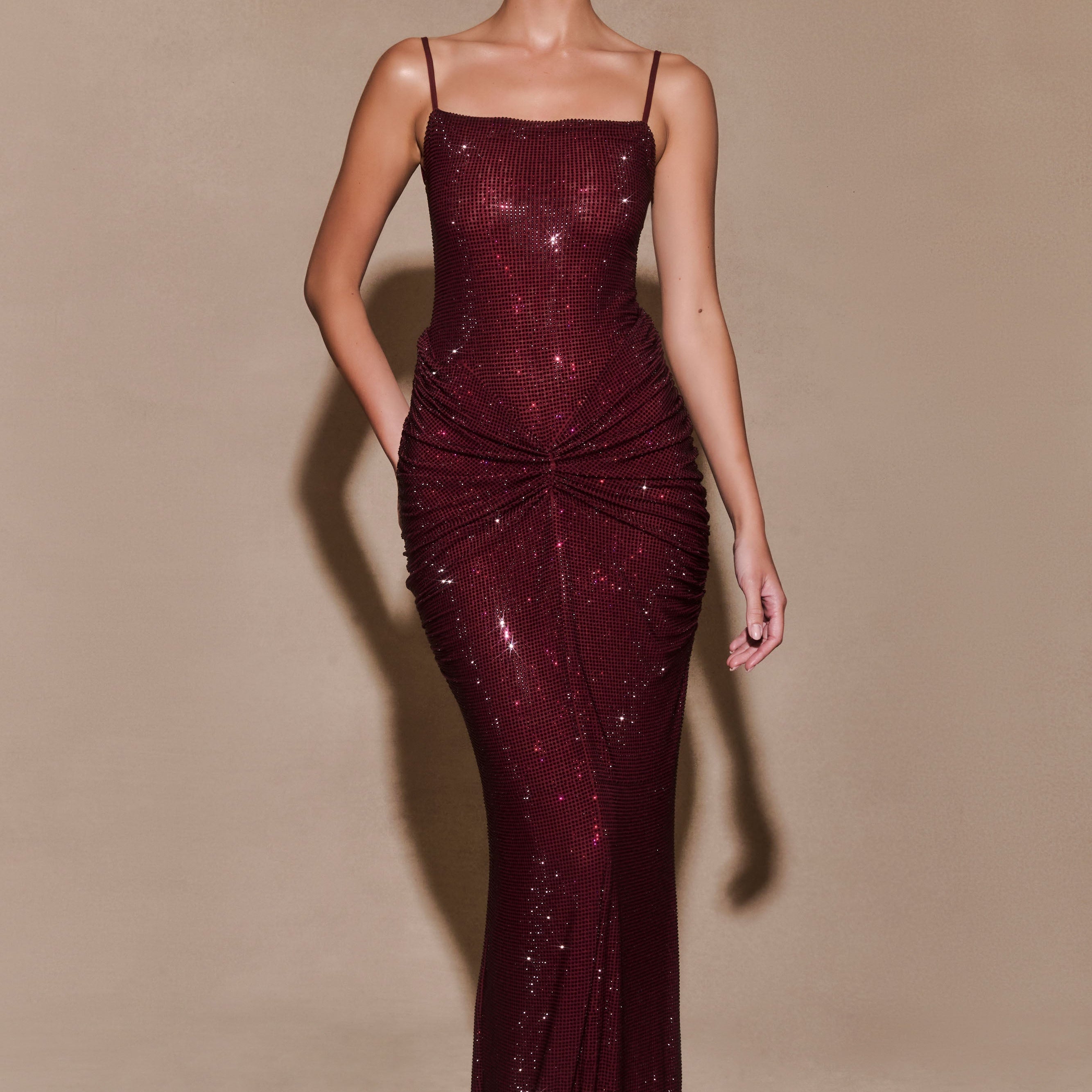 ROF Roisin Diamante Saten Maxi Elbise - Maun