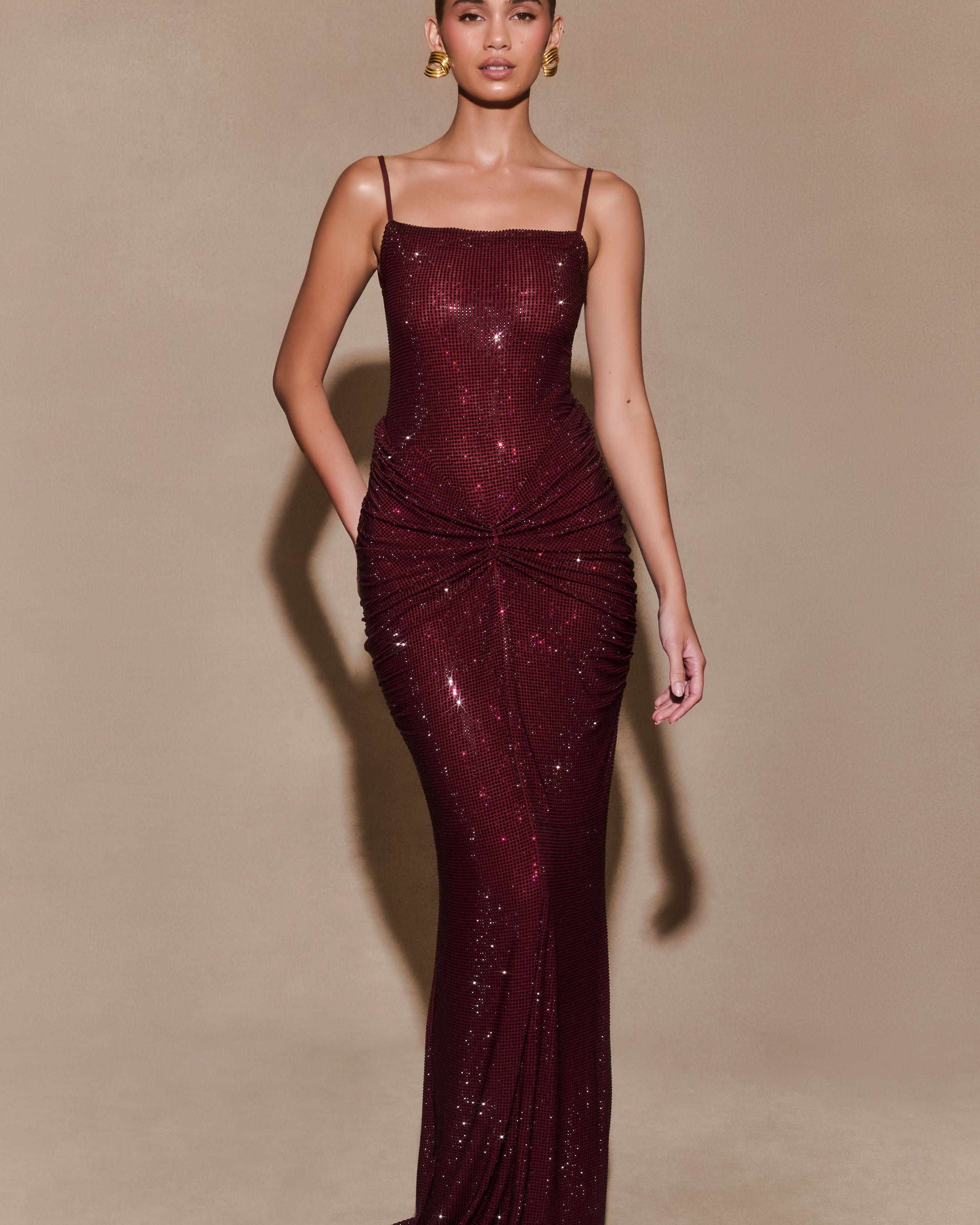 ROF Roisin Diamante Saten Maxi Elbise - Maun