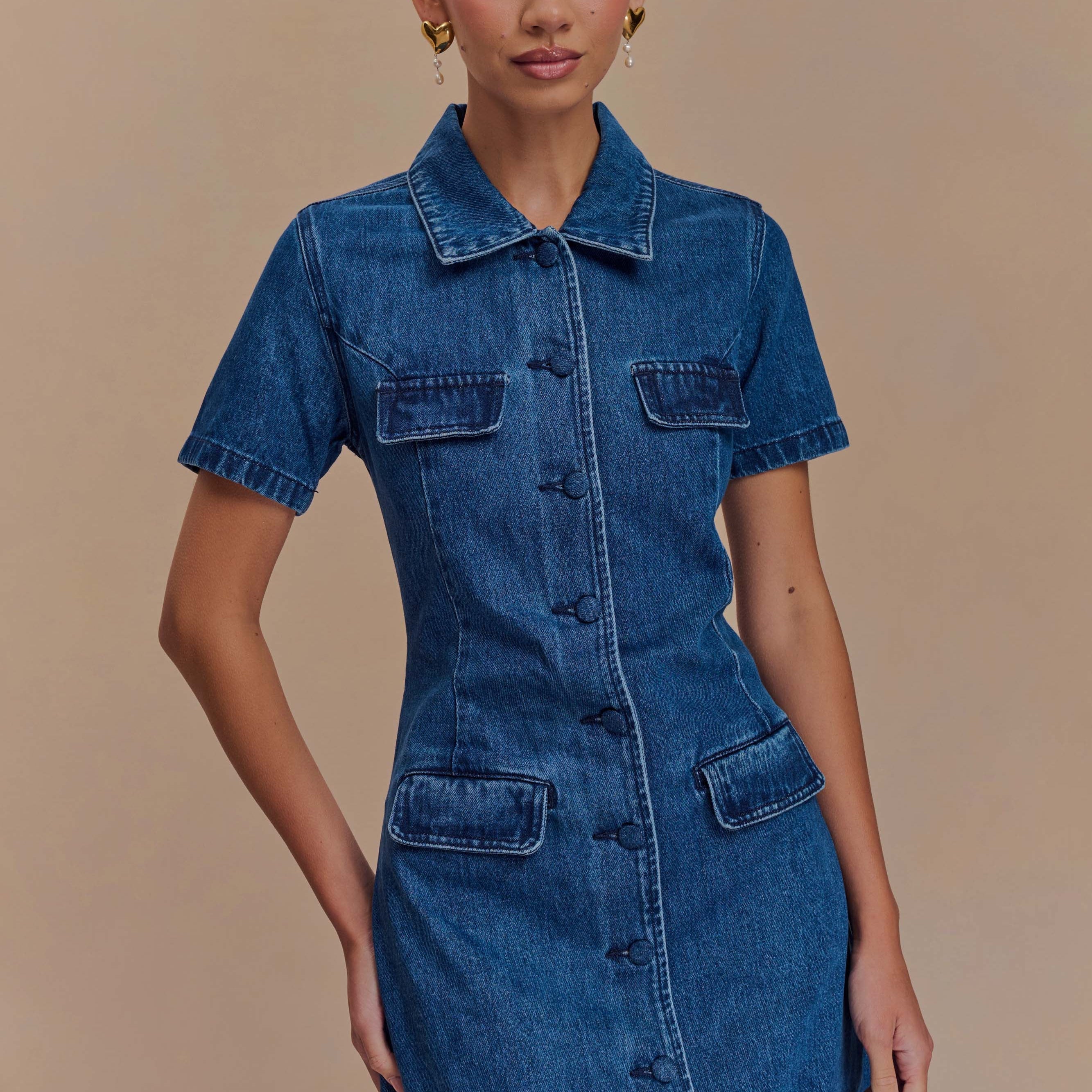 Olina Denim Düğmeli Mini Elbise
