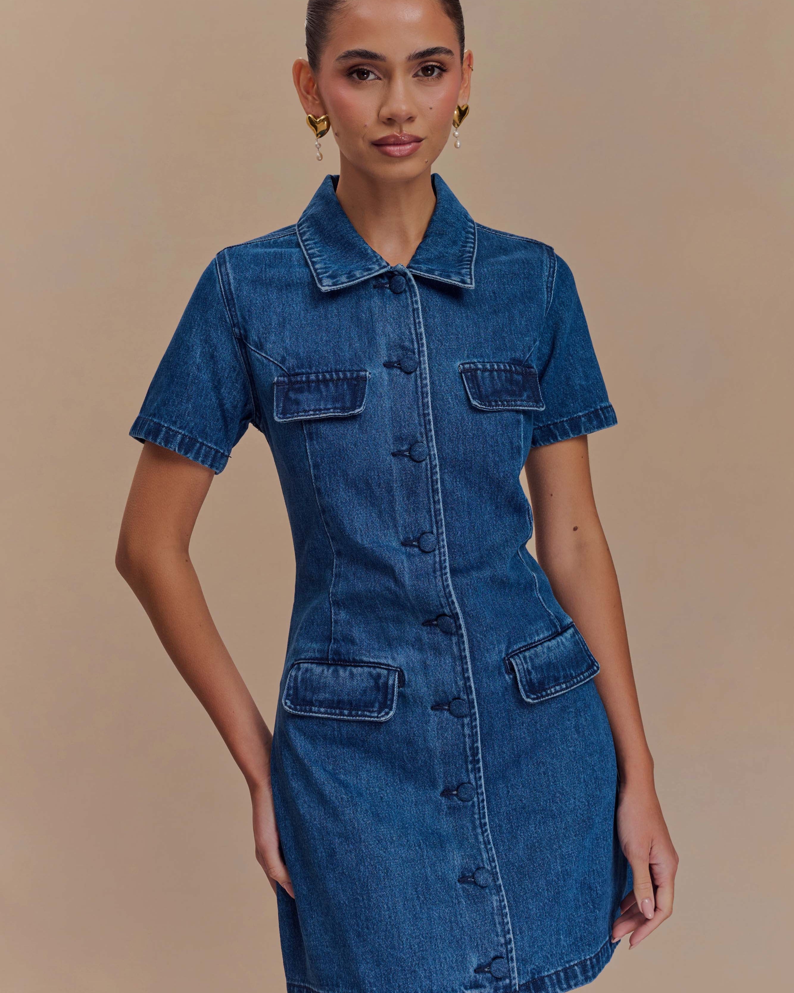 Olina Denim Düğmeli Mini Elbise