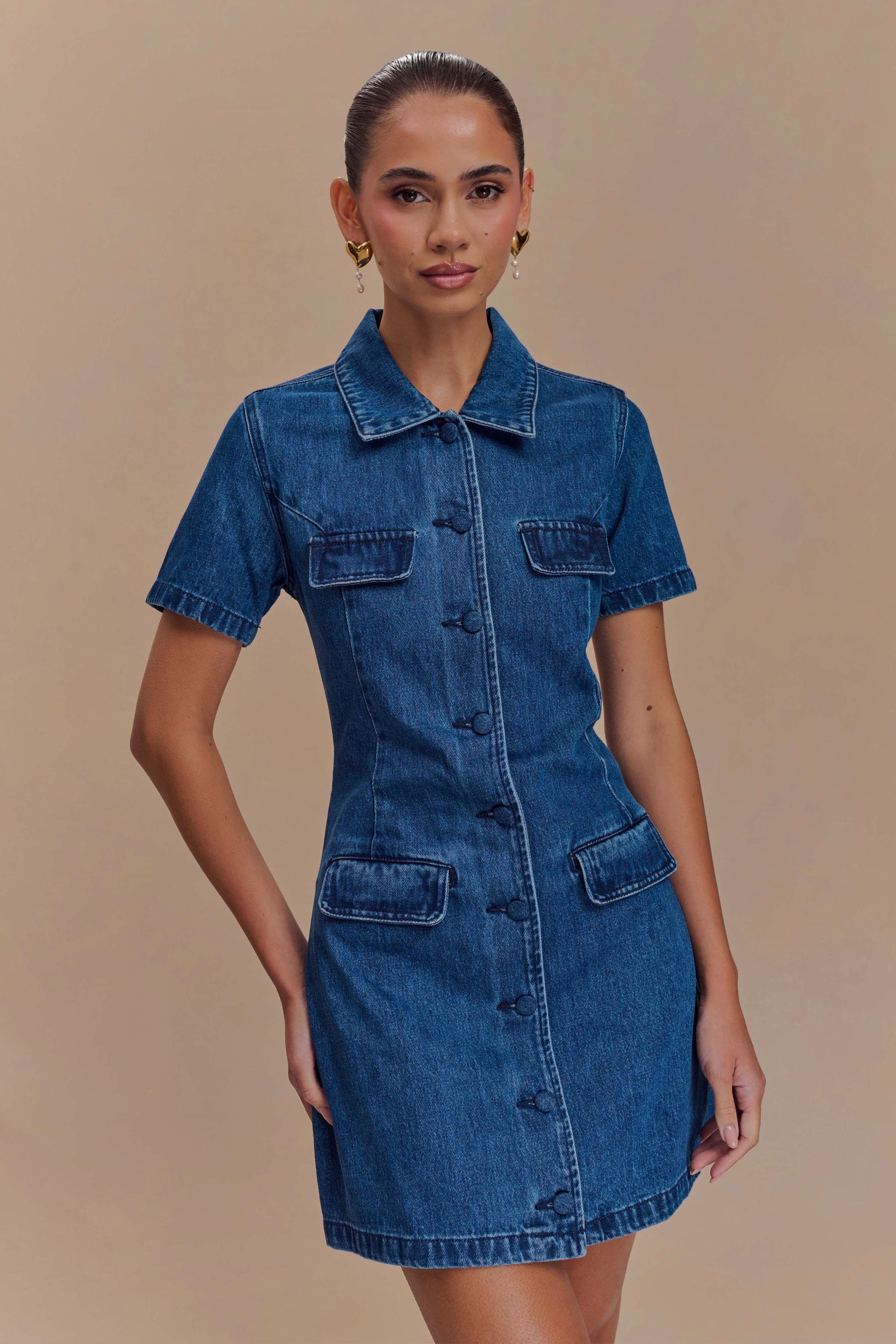 Olina Denim Düğmeli Mini Elbise