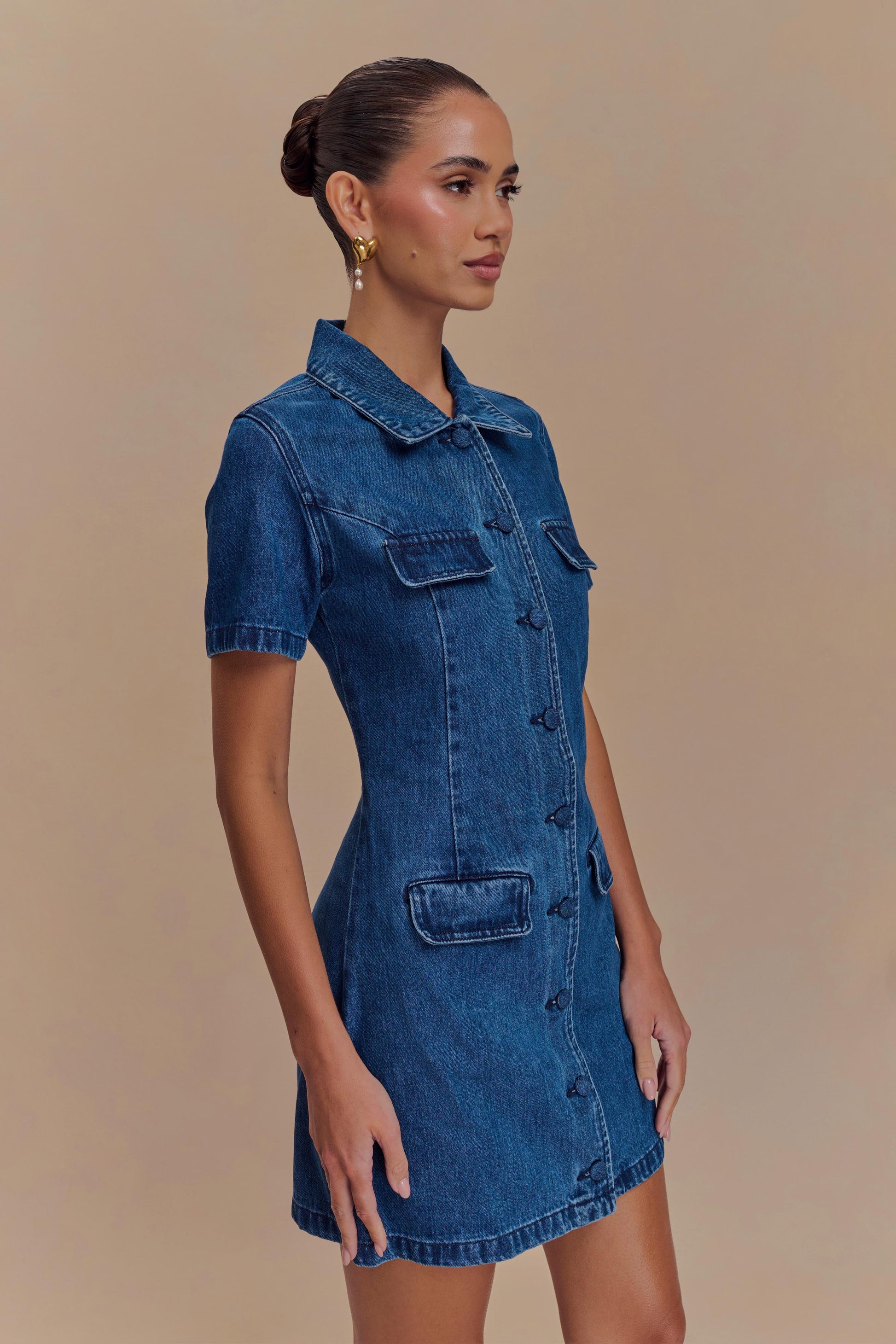 Olina Denim Düğmeli Mini Elbise