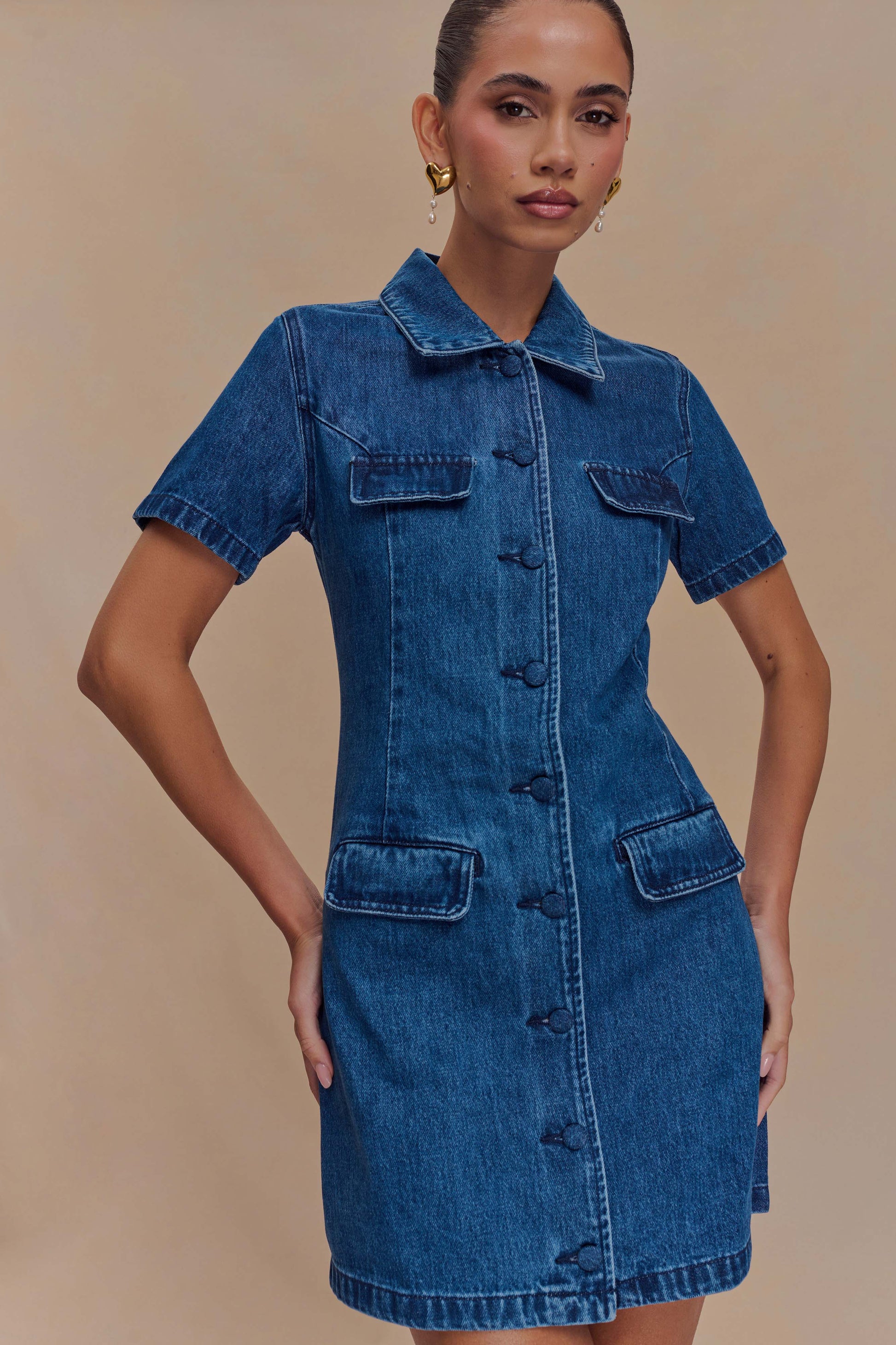 Olina Denim Düğmeli Mini Elbise