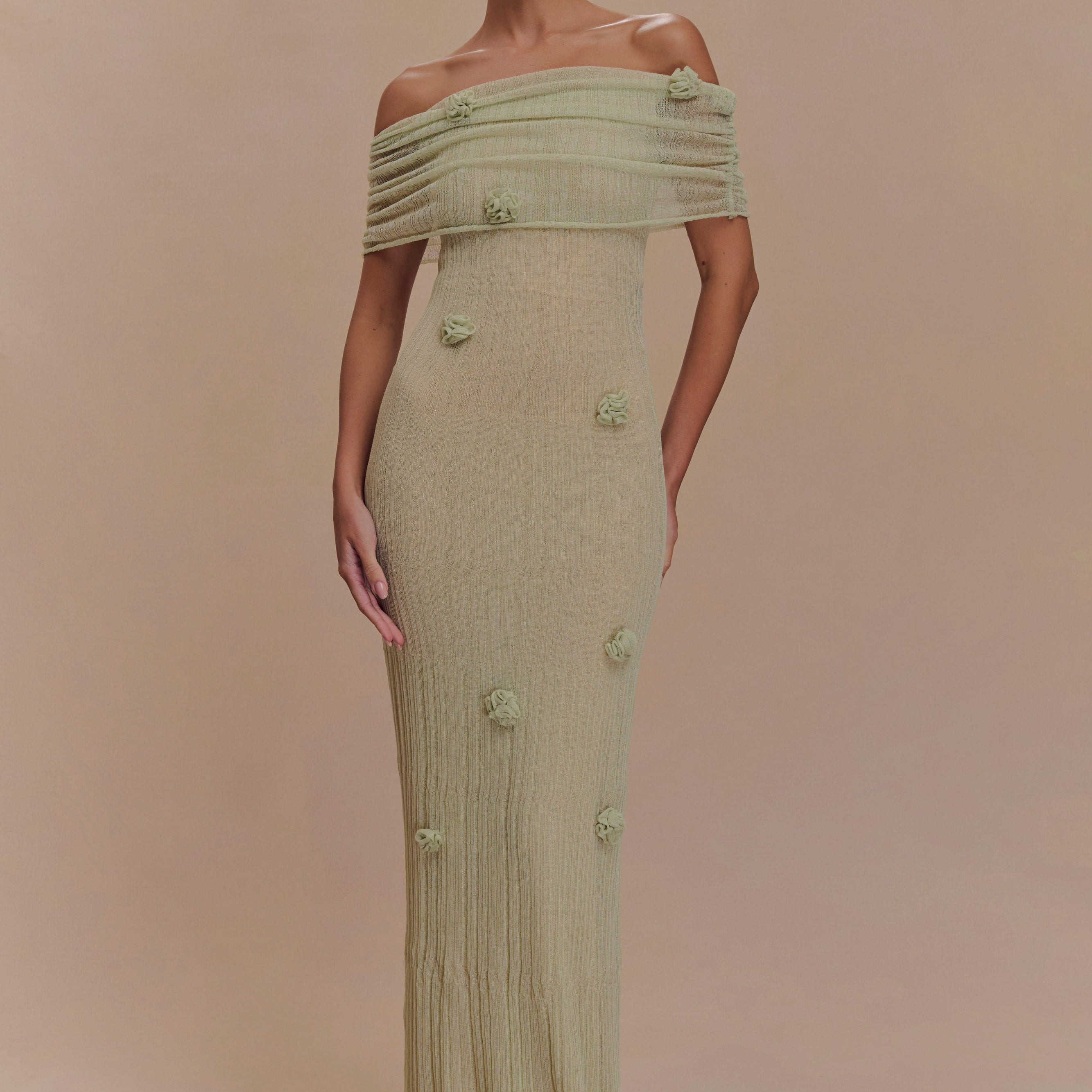 ROF Brynn Orkide Örgü Maxi Elbise - Pastel Yeşil