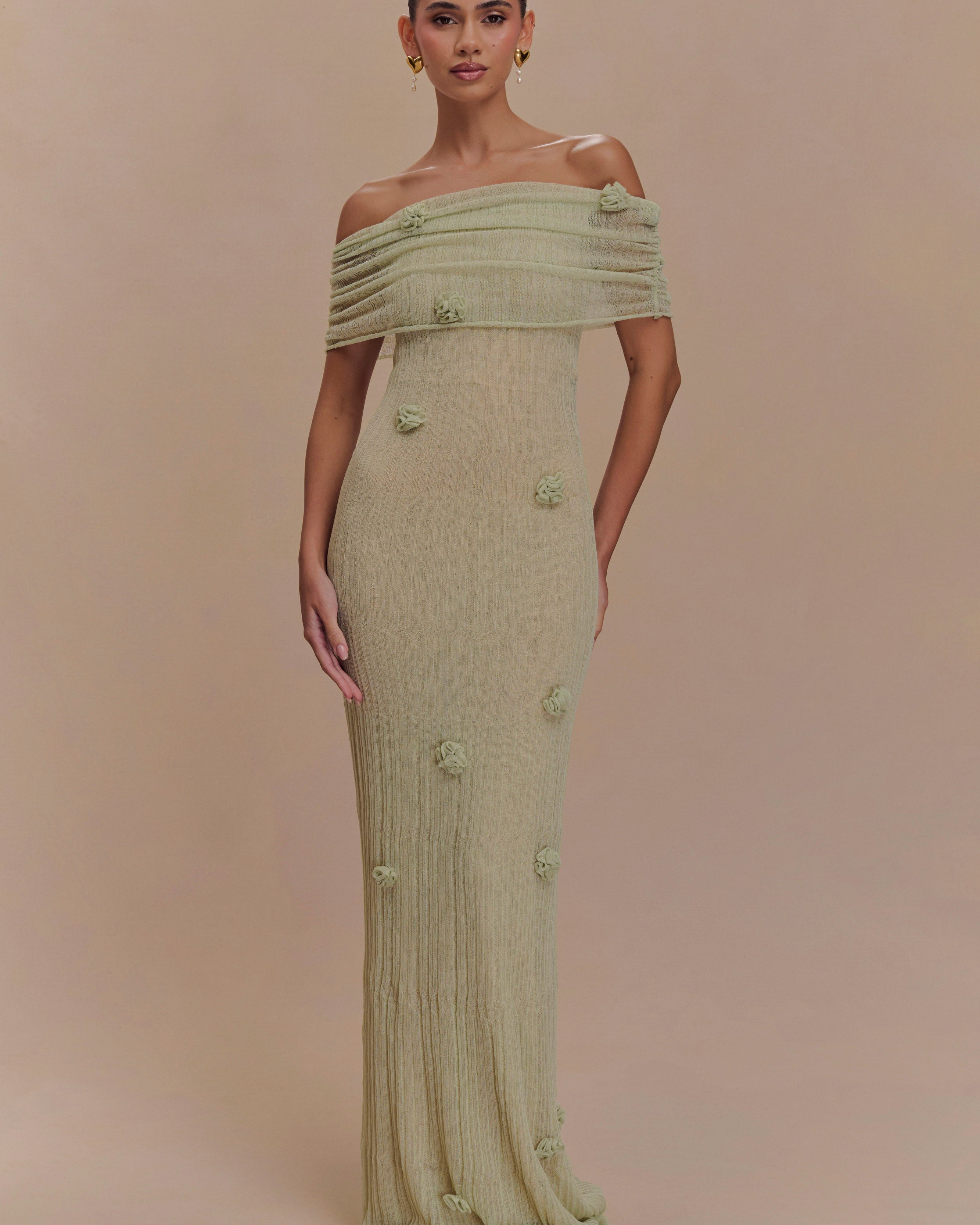 ROF Brynn Orkide Örgü Maxi Elbise - Pastel Yeşil