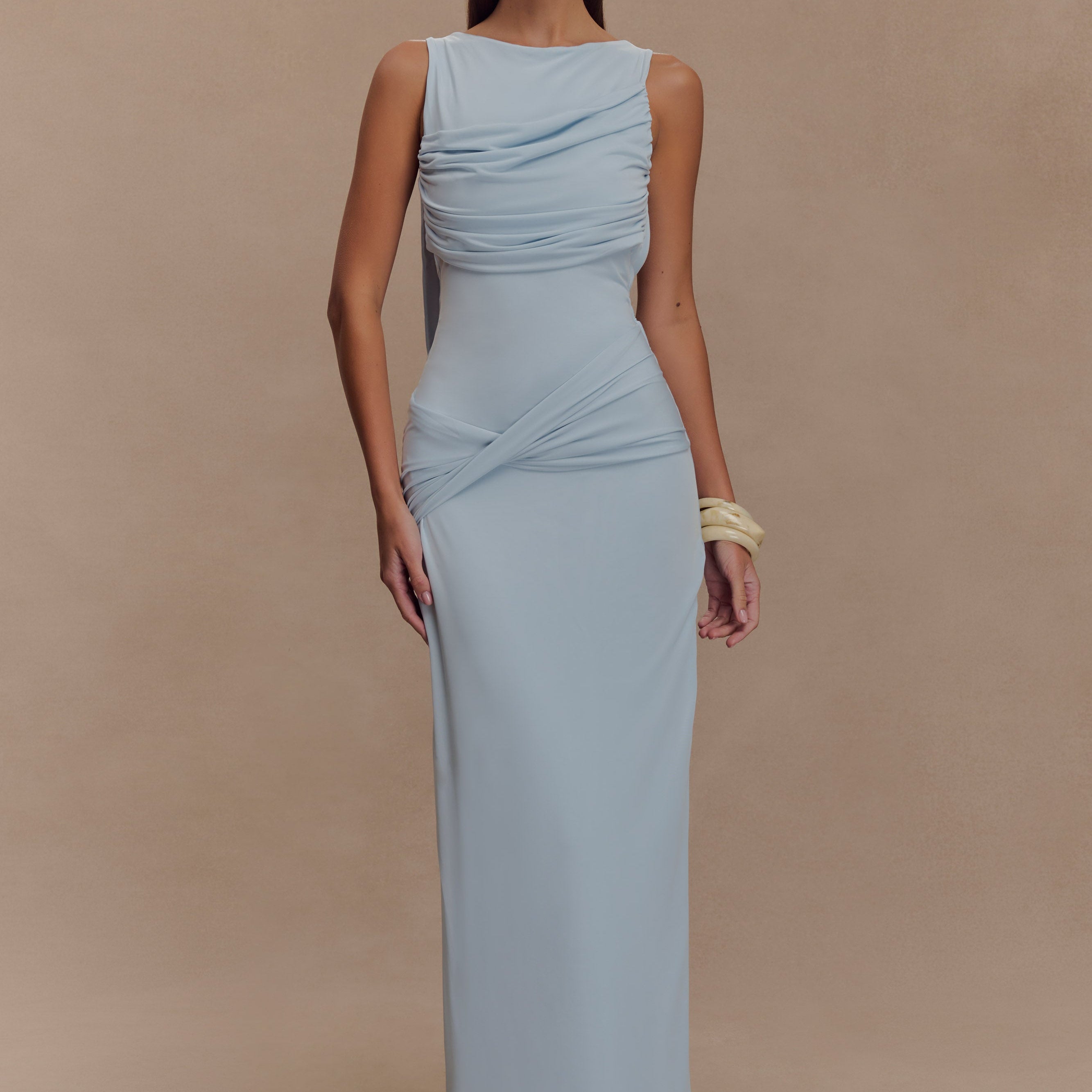ROF Henley Slinky Drape Maxi Elbise - Soluk Mavi