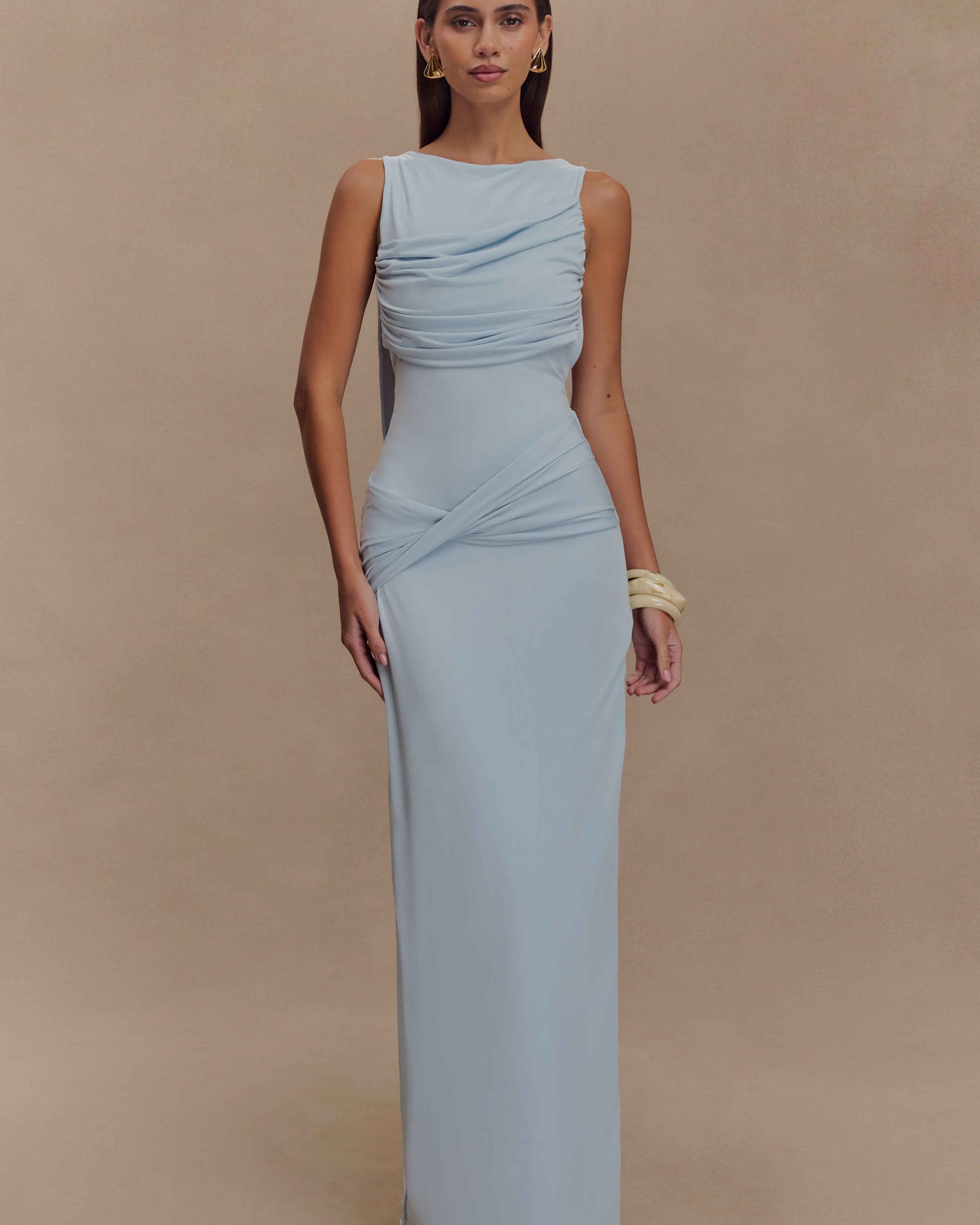 ROF Henley Slinky Drape Maxi Elbise - Soluk Mavi