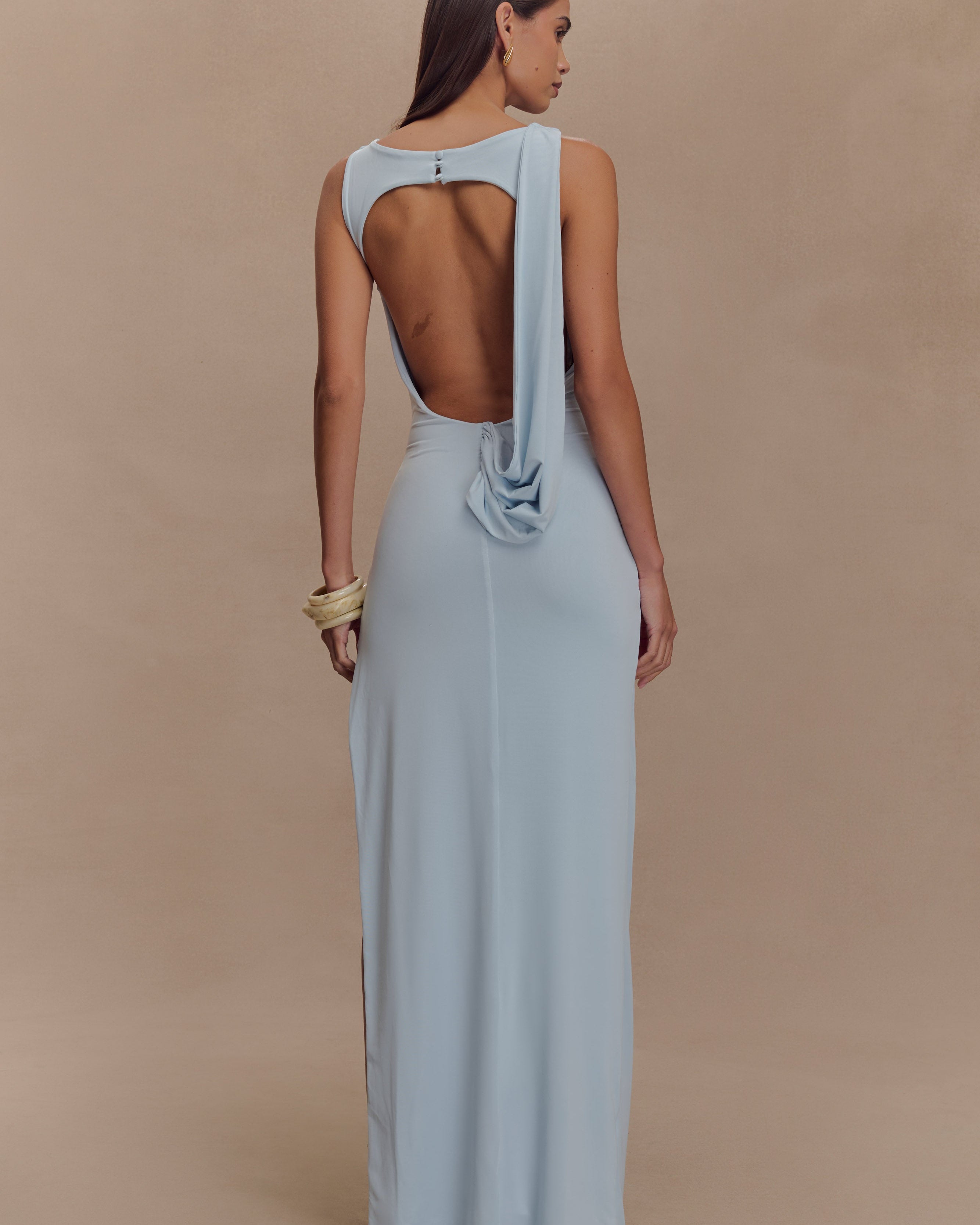 ROF Henley Slinky Drape Maxi Elbise - Soluk Mavi