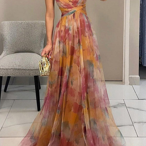 Dalia Çiçek Desenli V Yaka Maxi Elbise