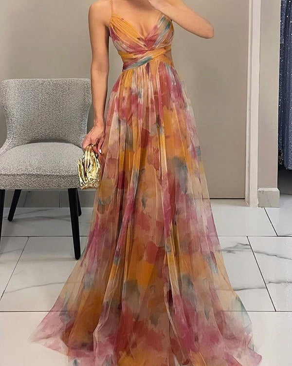 Dalia Çiçek Desenli V Yaka Maxi Elbise