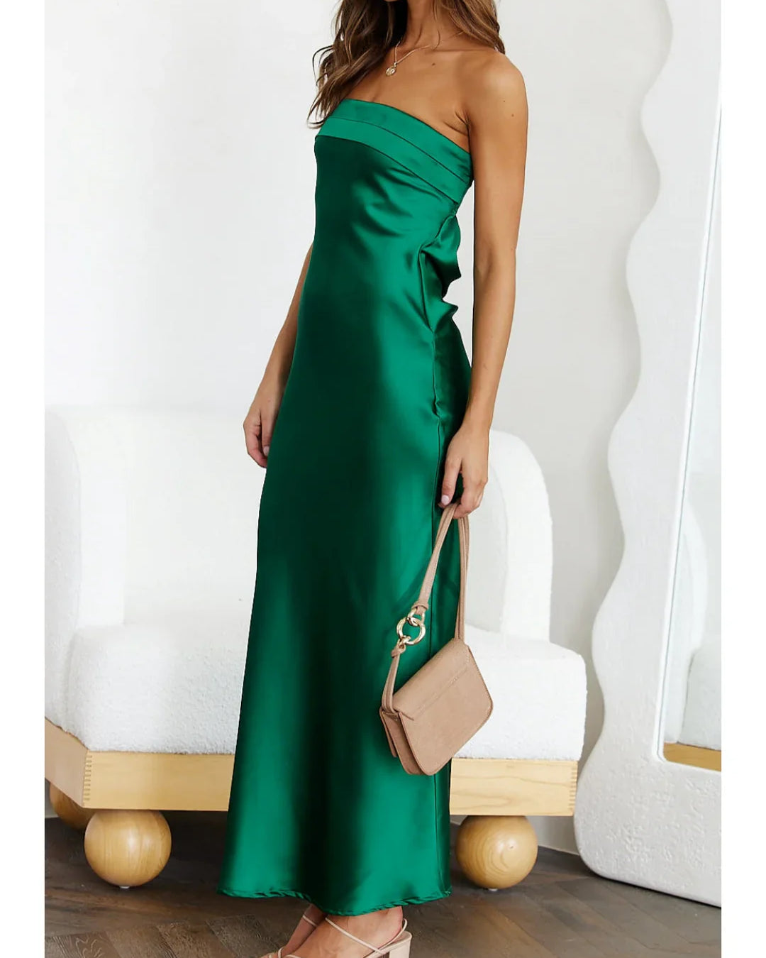 Saten Straplez Midi Elbise
