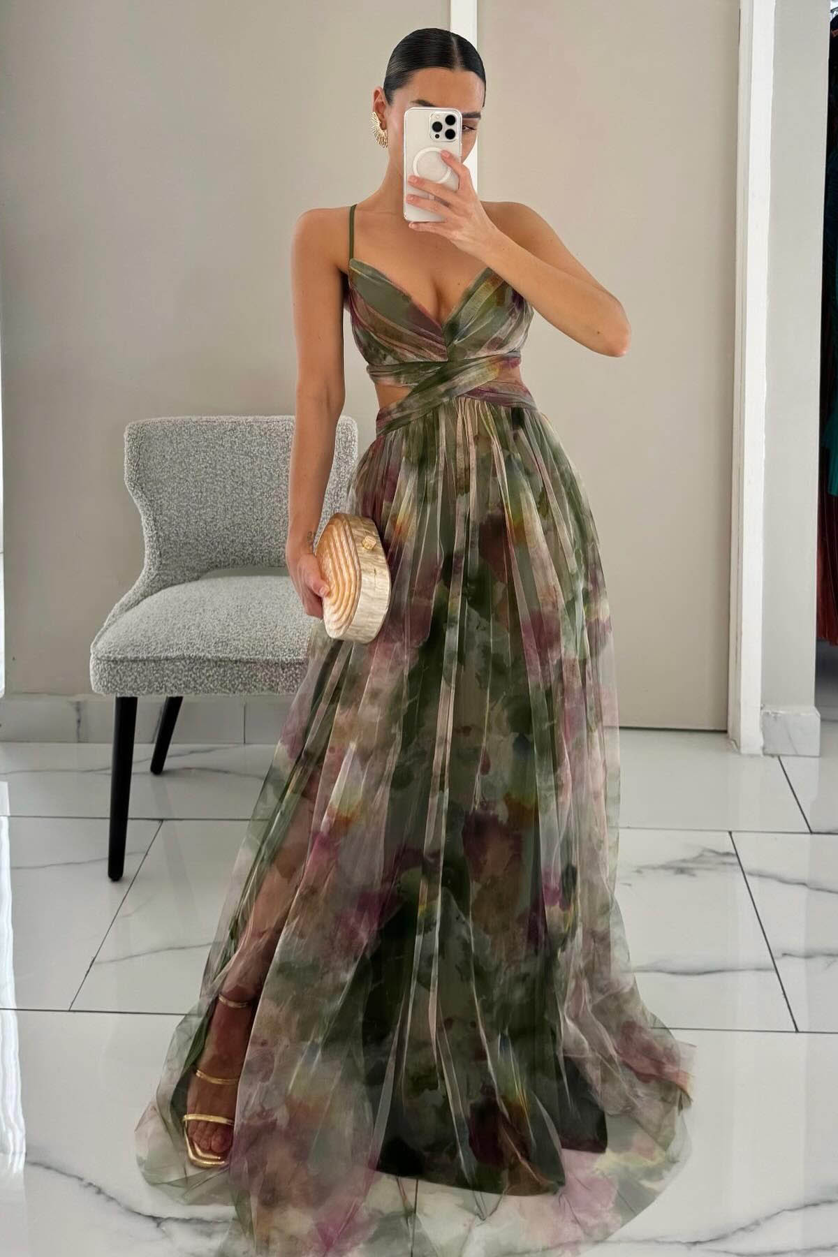 Dalia Çiçek Desenli V Yaka Maxi Elbise