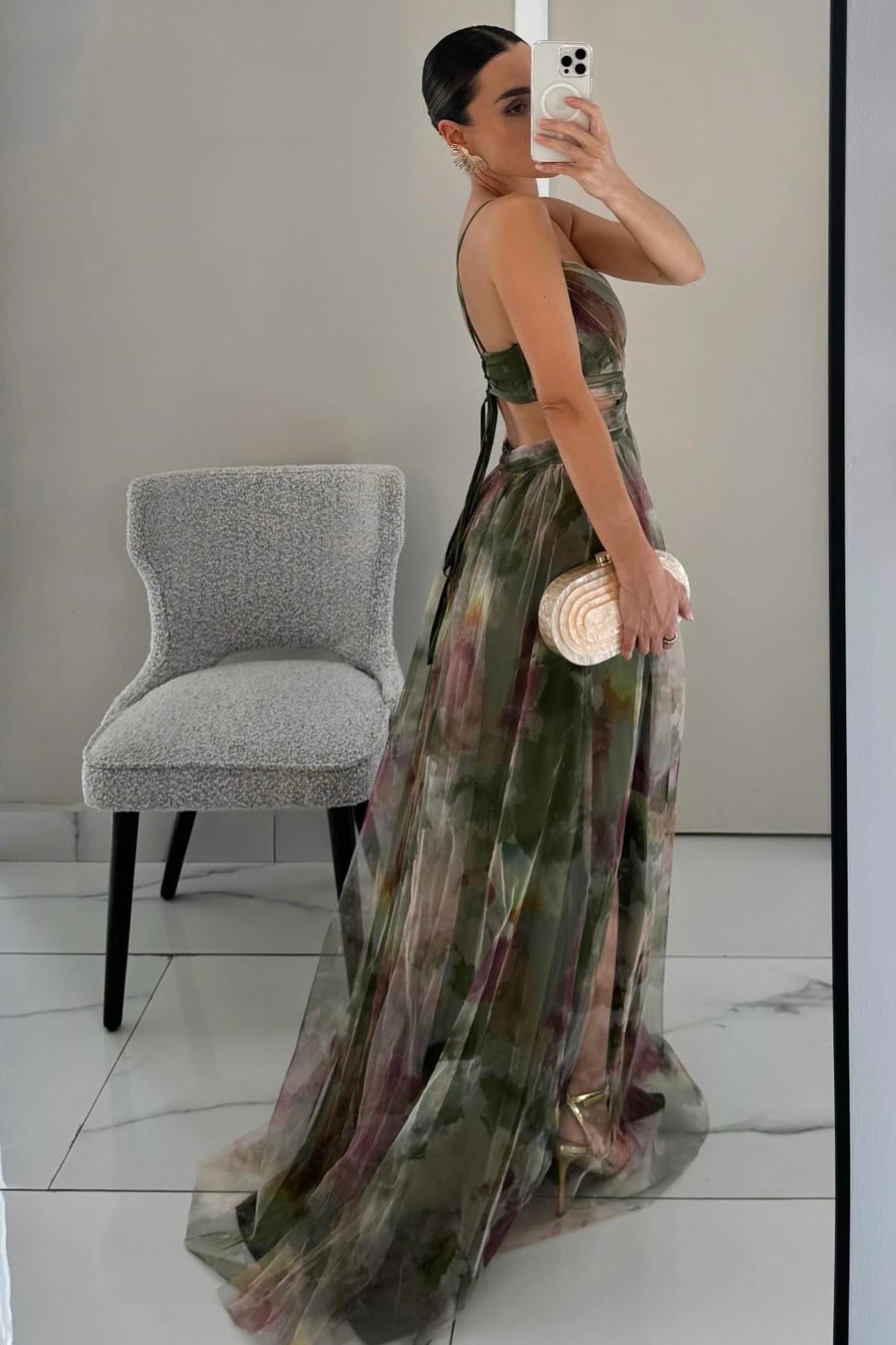 Dalia Çiçek Desenli V Yaka Maxi Elbise