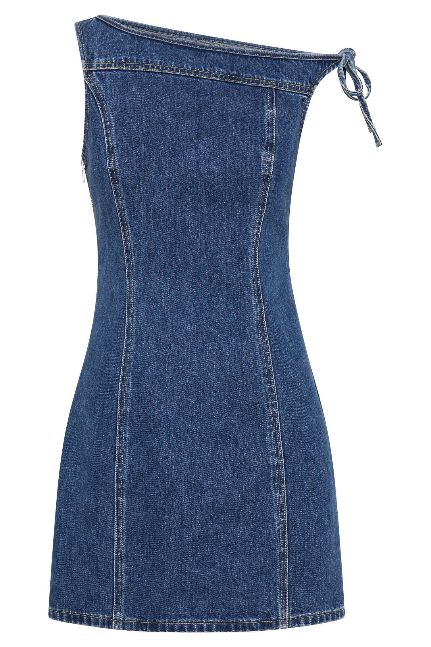 ROF Baker Düşük Omuz Denim Mini Elbise - Koyu Mavi