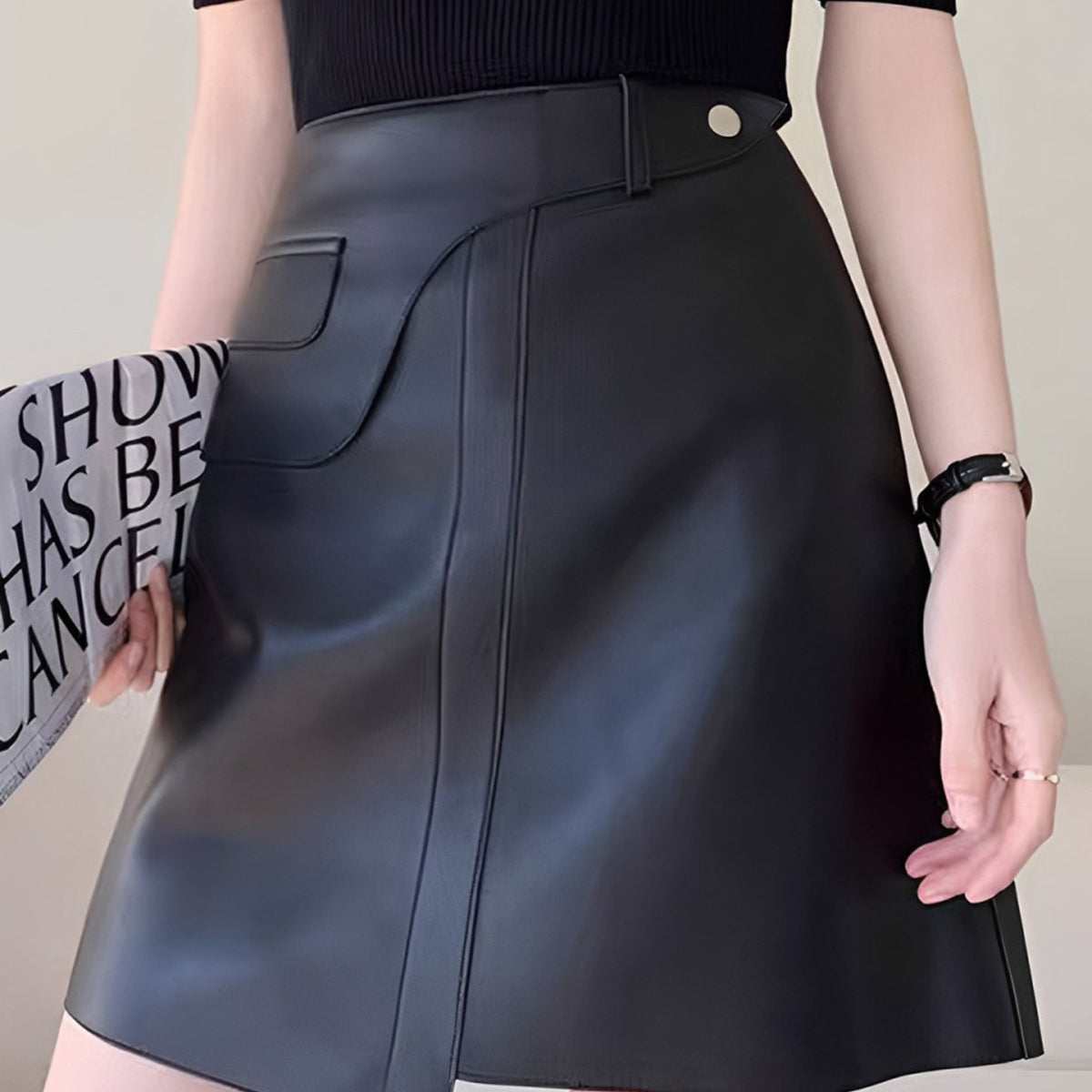 Asymmetrical Mini Suni Deri Etek