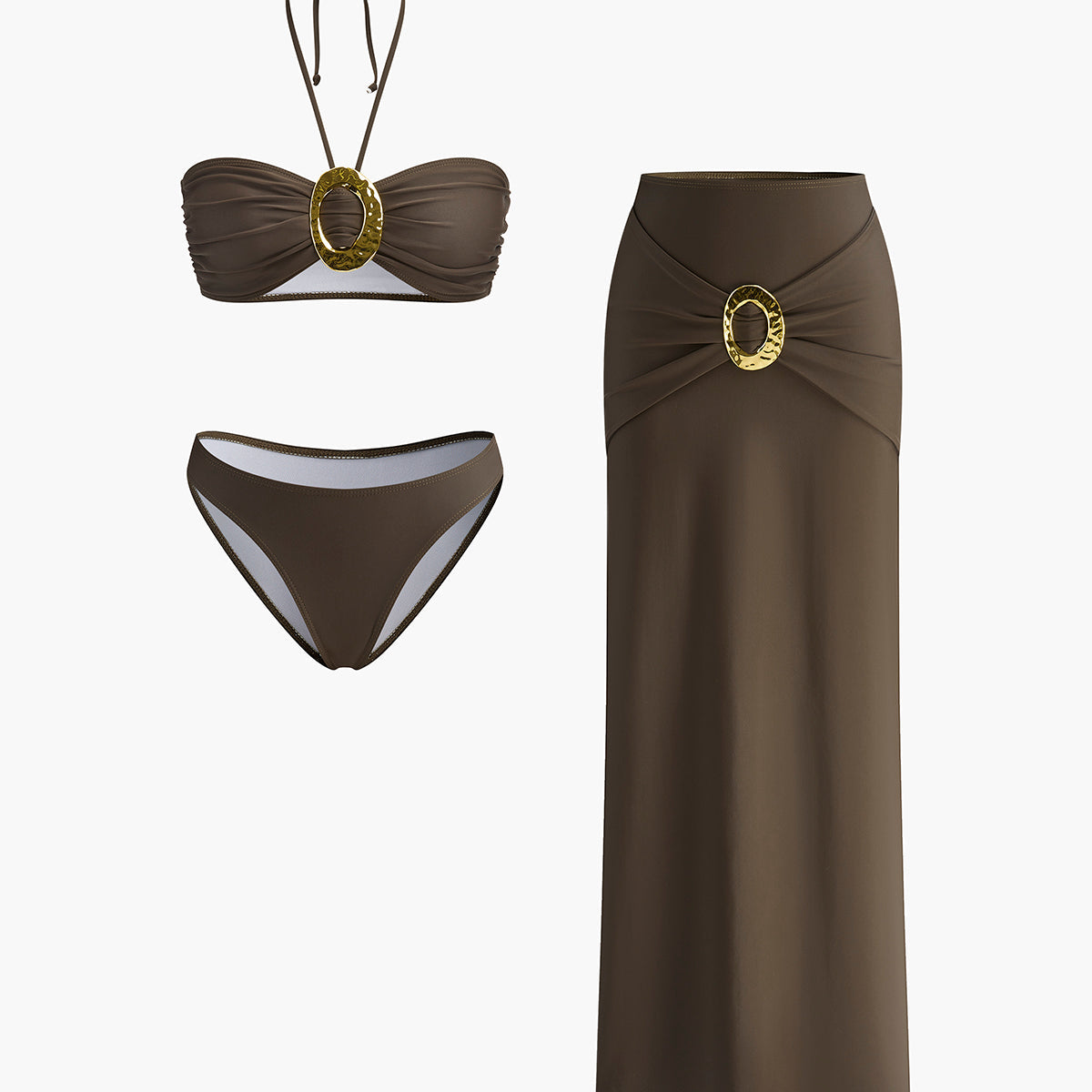 Oval Yüzük Detaylı Bandeau Bikini Seti Drapeli Etek ile