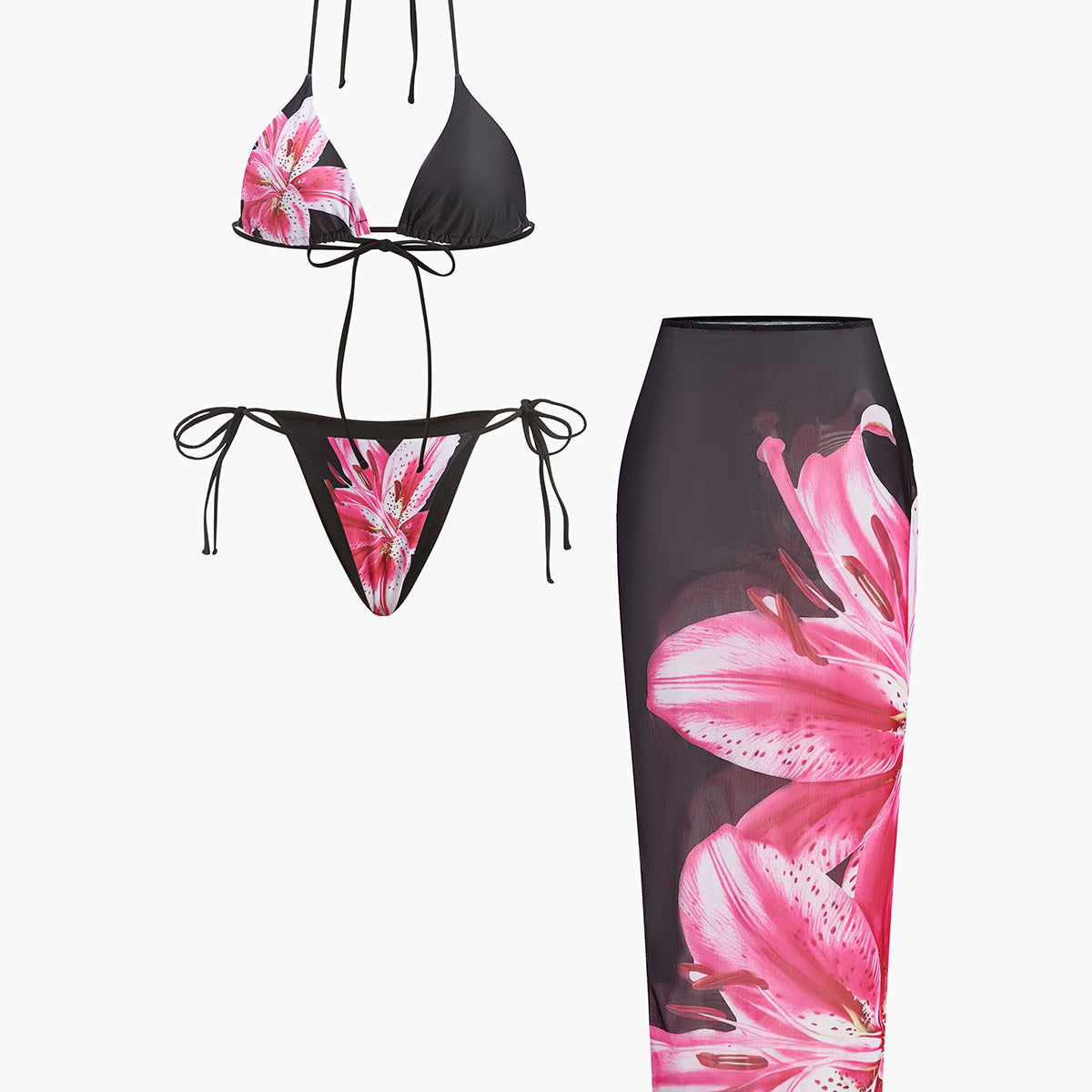 Çiçek Desenli Bikini Yarı Şeffaf Etek ile