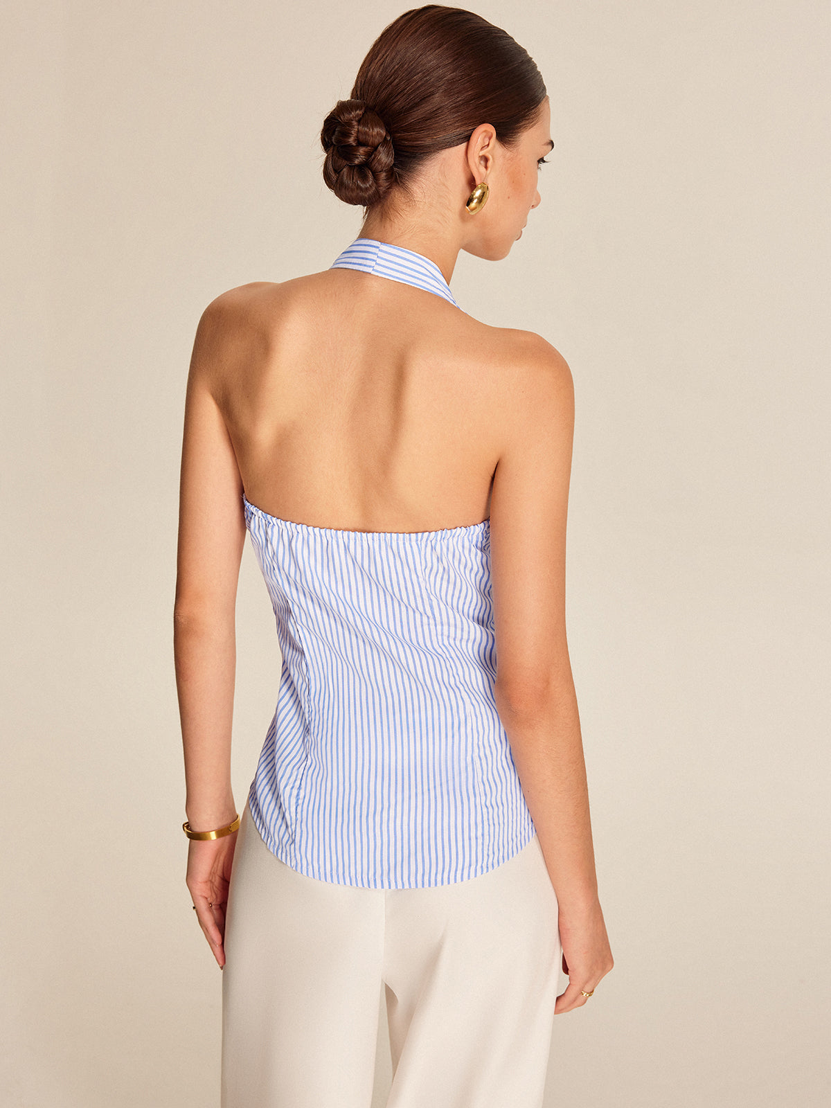 Çizgili Halter Yaka Kravat Bluz
