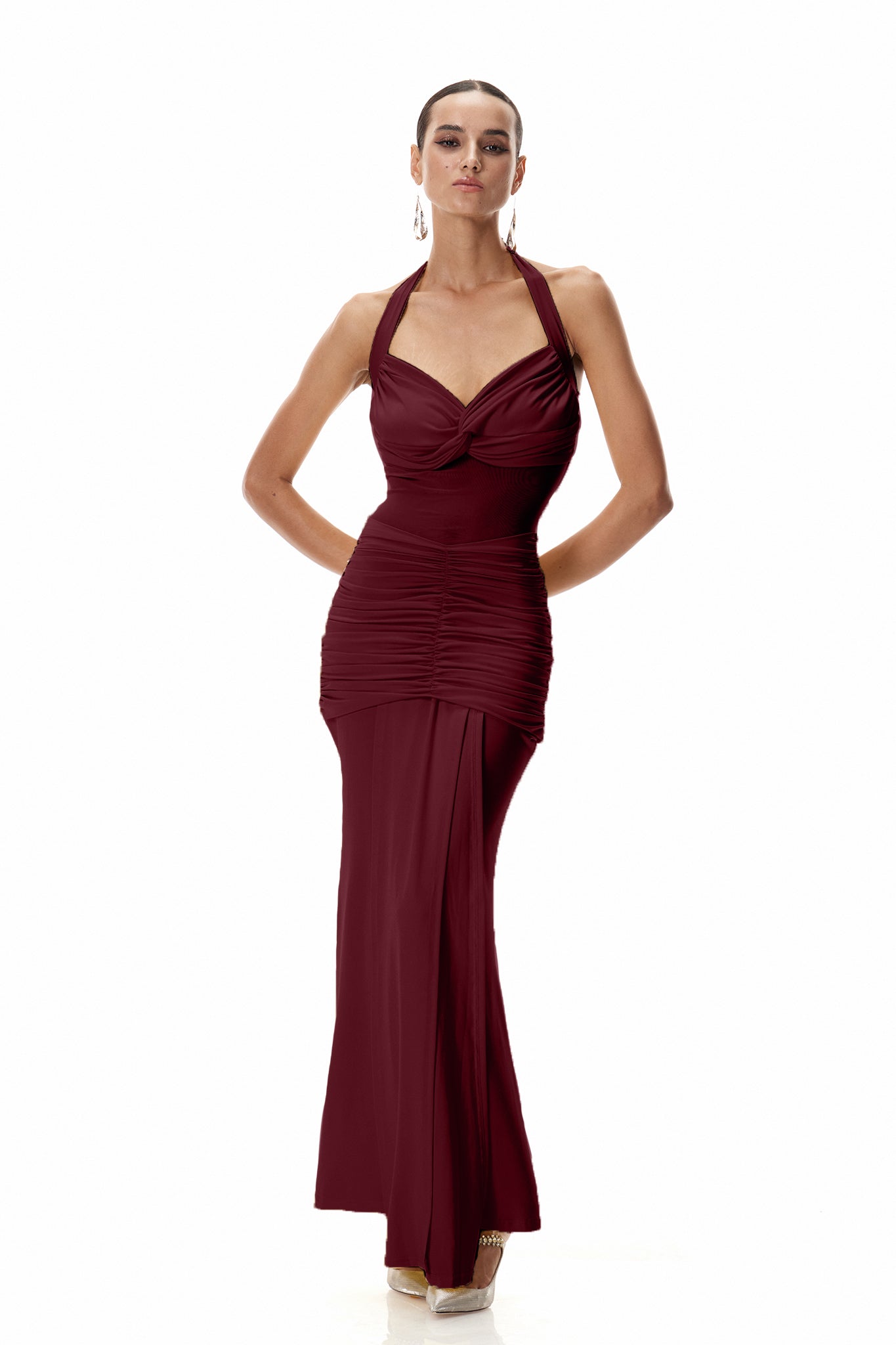 Sabine Halter Yaka Kırmızı Maxi Elbise