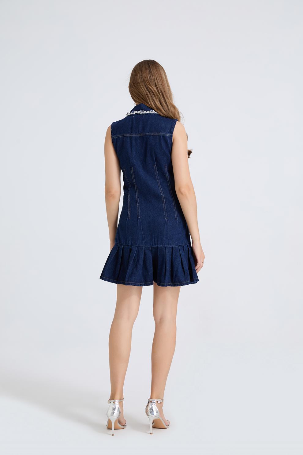 Taş Detaylı Denim Mini Elbise