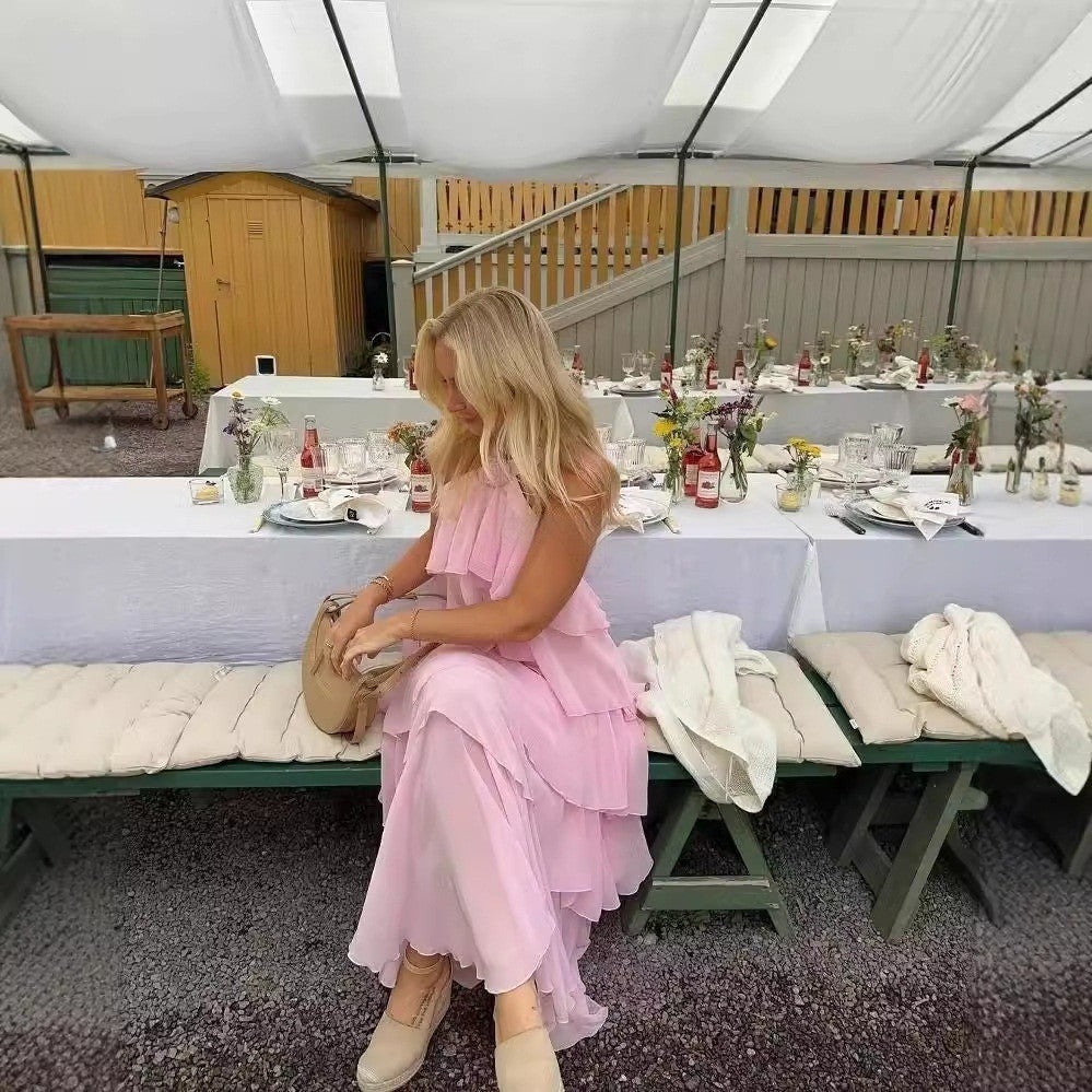 Aliane Halter Yaka Katlı Maxi Elbise