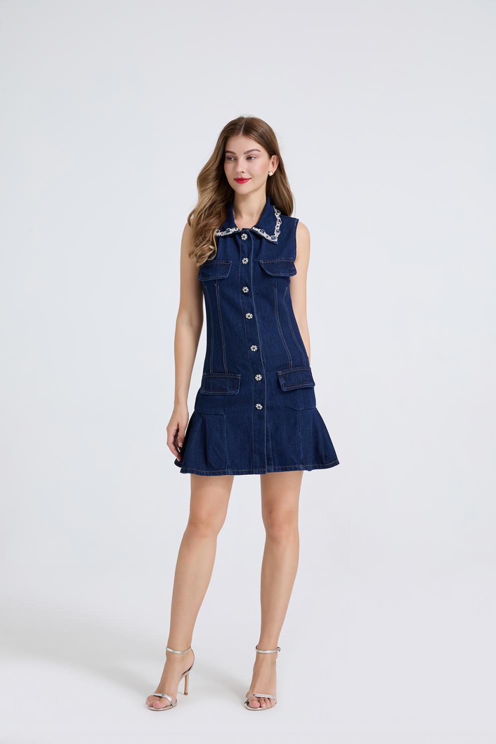 Taş Detaylı Denim Mini Elbise