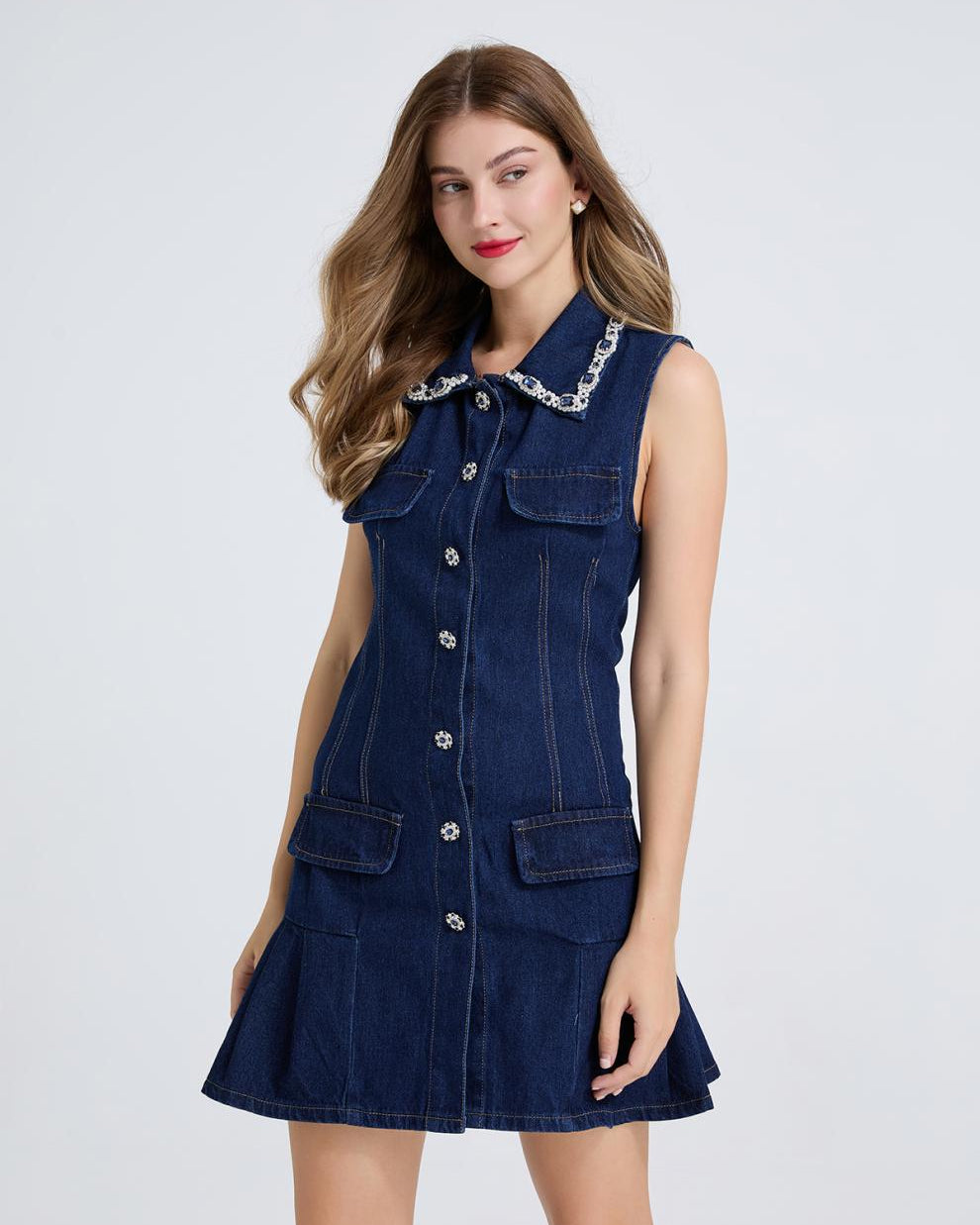 Taş Detaylı Denim Mini Elbise