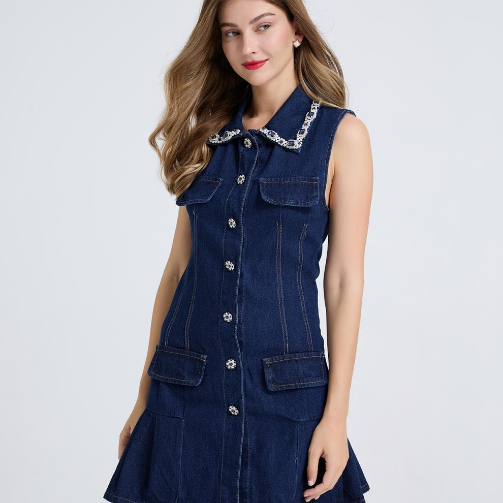 Taş Detaylı Denim Mini Elbise