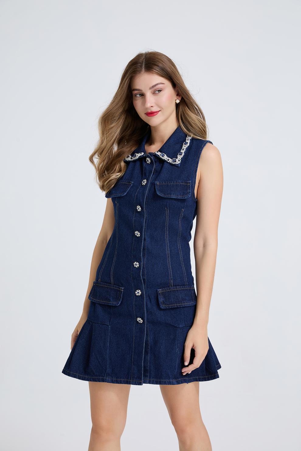 Taş Detaylı Denim Mini Elbise