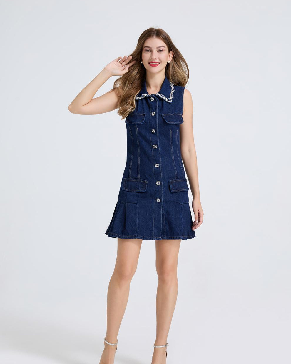 Taş Detaylı Denim Mini Elbise