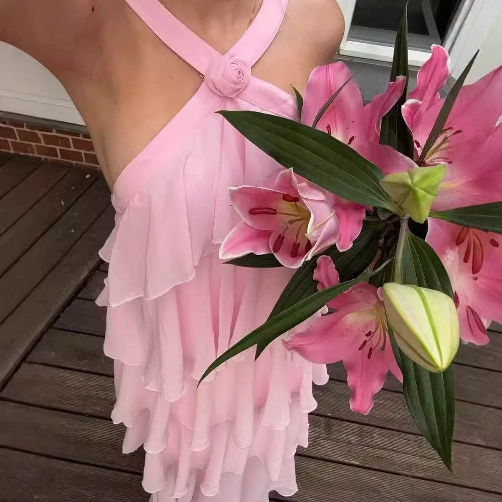 Aliane Halter Yaka Katlı Maxi Elbise