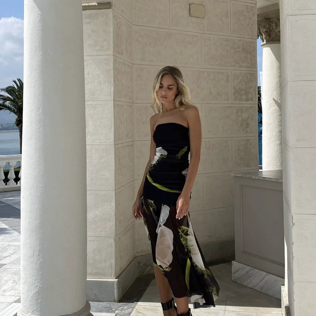 Aneesa Çiçekli Straplez Midi Elbise
