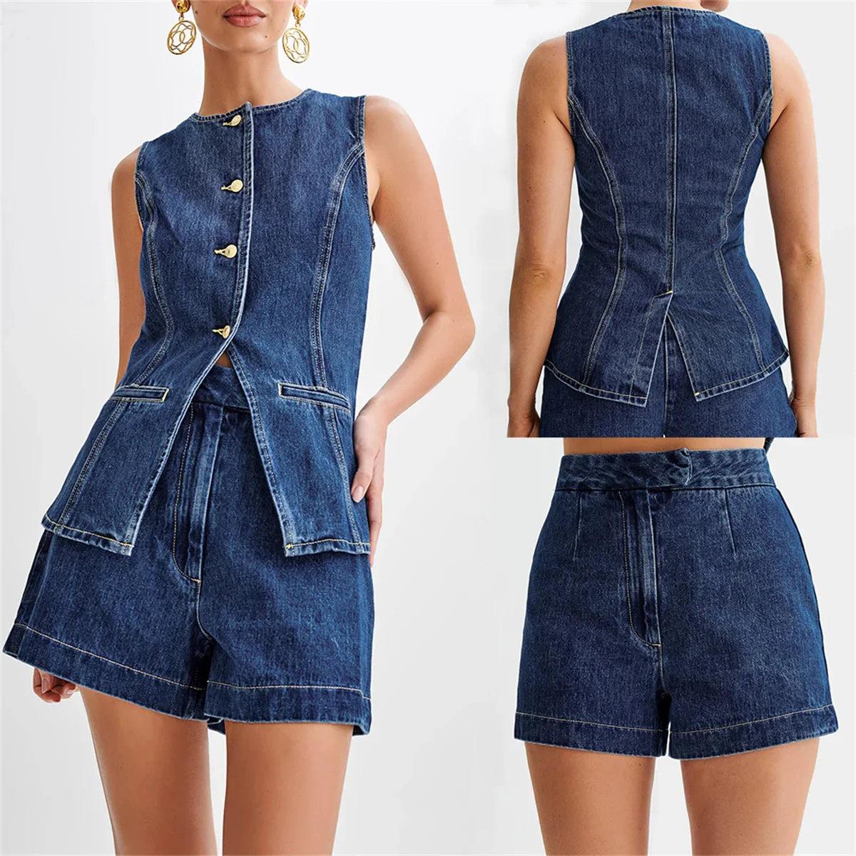 Yazlık Denim Yelek ve Şort Takımı